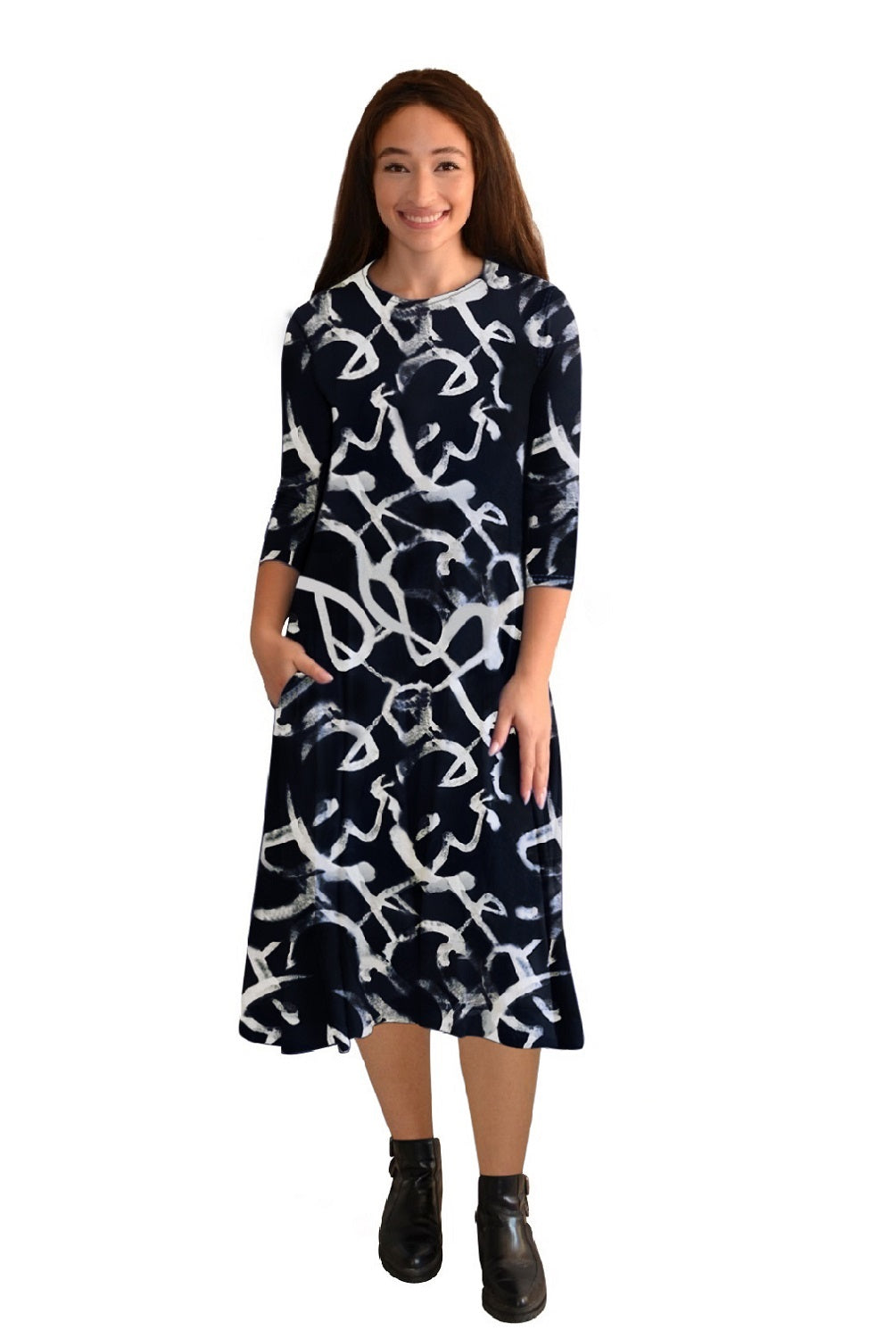 Mid-Calf 3/4 Sleeve Swing Dress with Pockets by Kosher Casual USA
