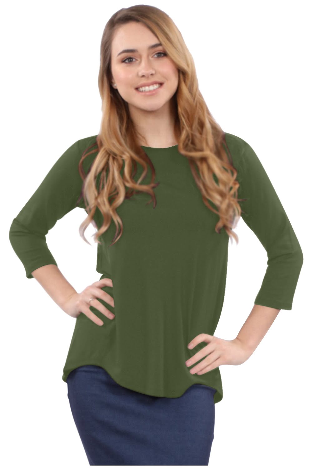 3/4 Sleeve Curved Hem Tunic Top - Breathable Viscose Spandex by Kosher Casual USA