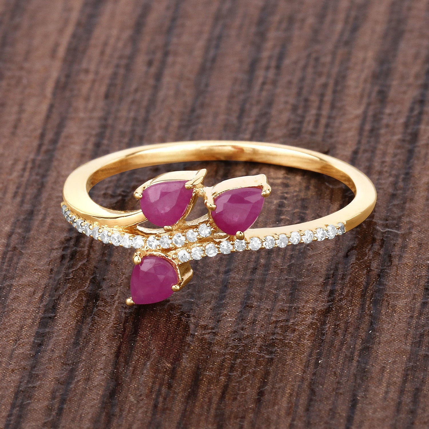 0.68 Carat Genuine Ruby and White Diamond 14K Yellow Gold Ring DestGlow