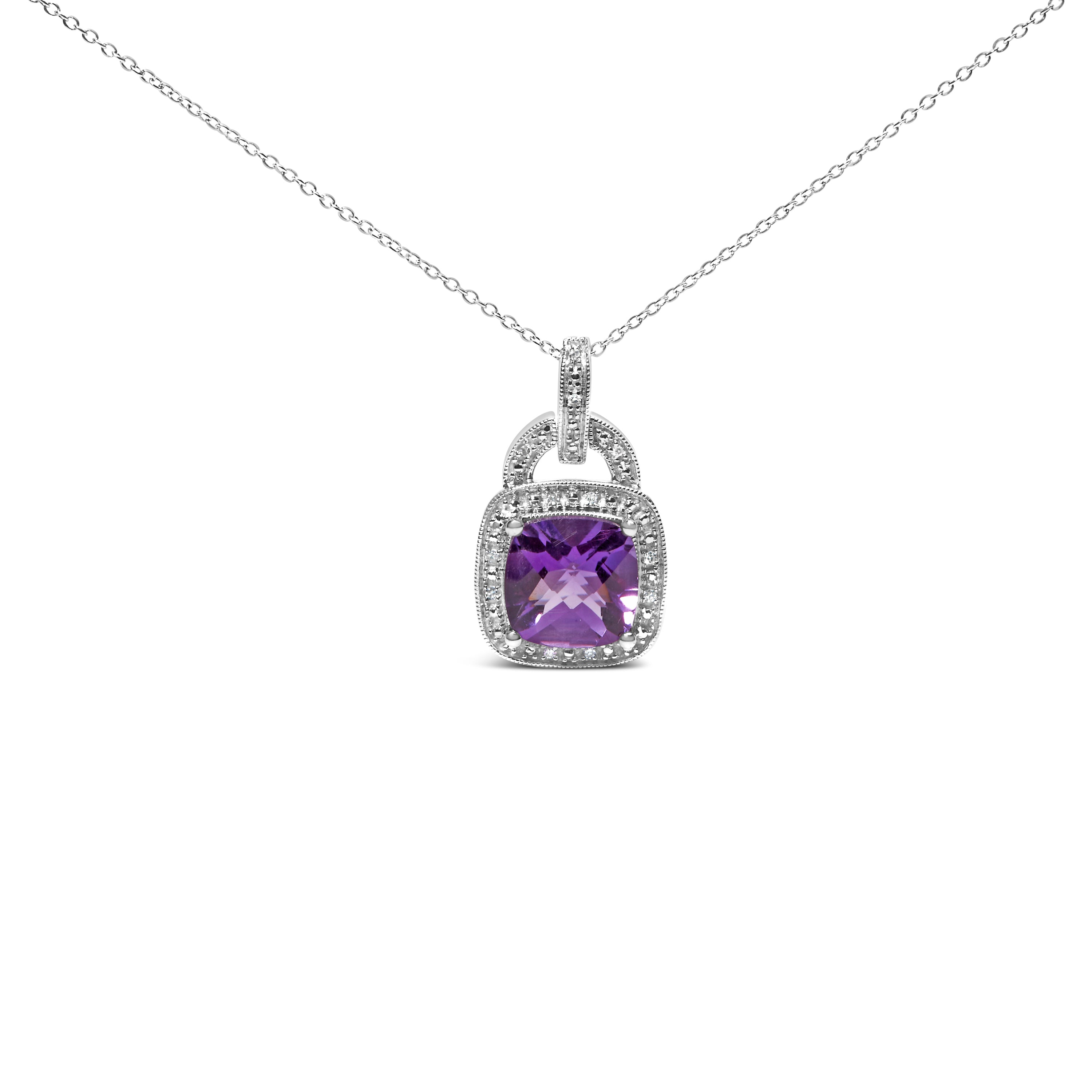 .925 Sterling Silver 10X10 MM Cushion Purple Amethyst and Diamond Accent Halo 18" Pendant Necklace (I-J Color, I1-I2 Clarity) DestGlow
