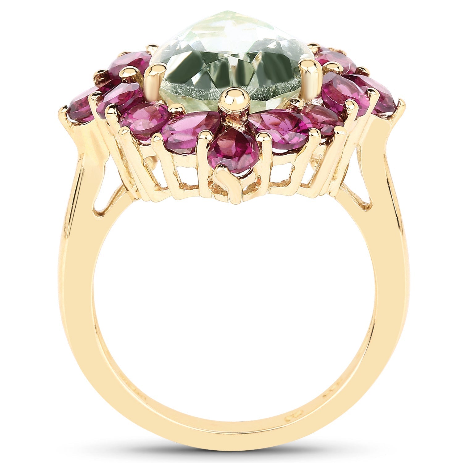 14K Yellow Gold Plated 7.21 Carat Genuine Green Amethyst and Rhodolite .925 Sterling Silver Ring