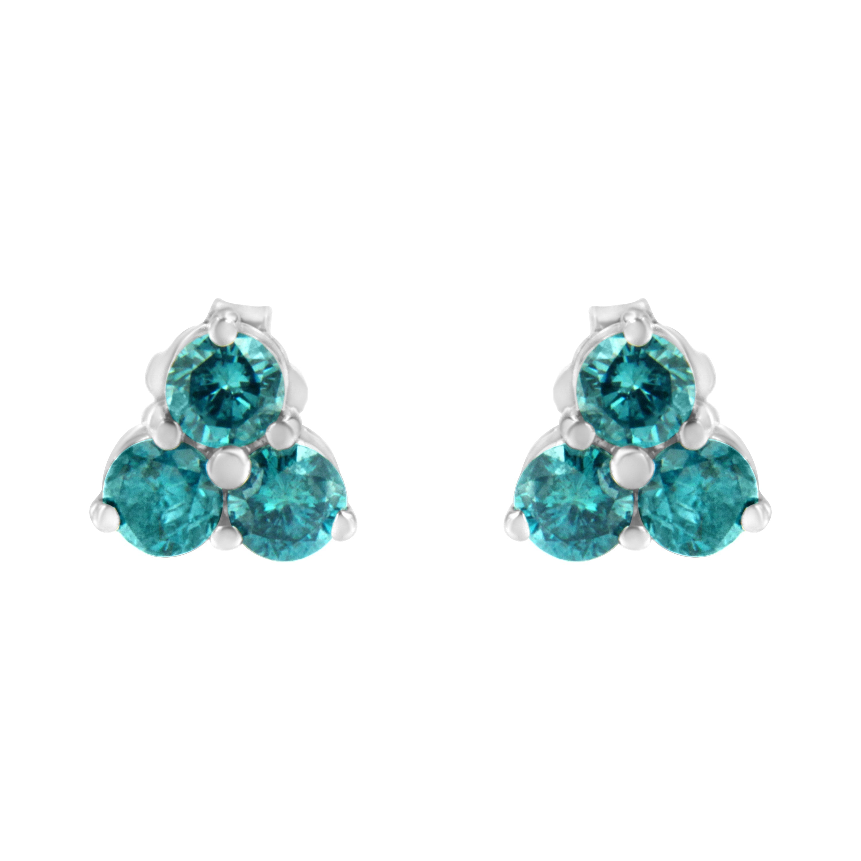 14KT White Gold Treated Blue Diamond Trio Stud Earrings (1 1/3 cttw, Blue)