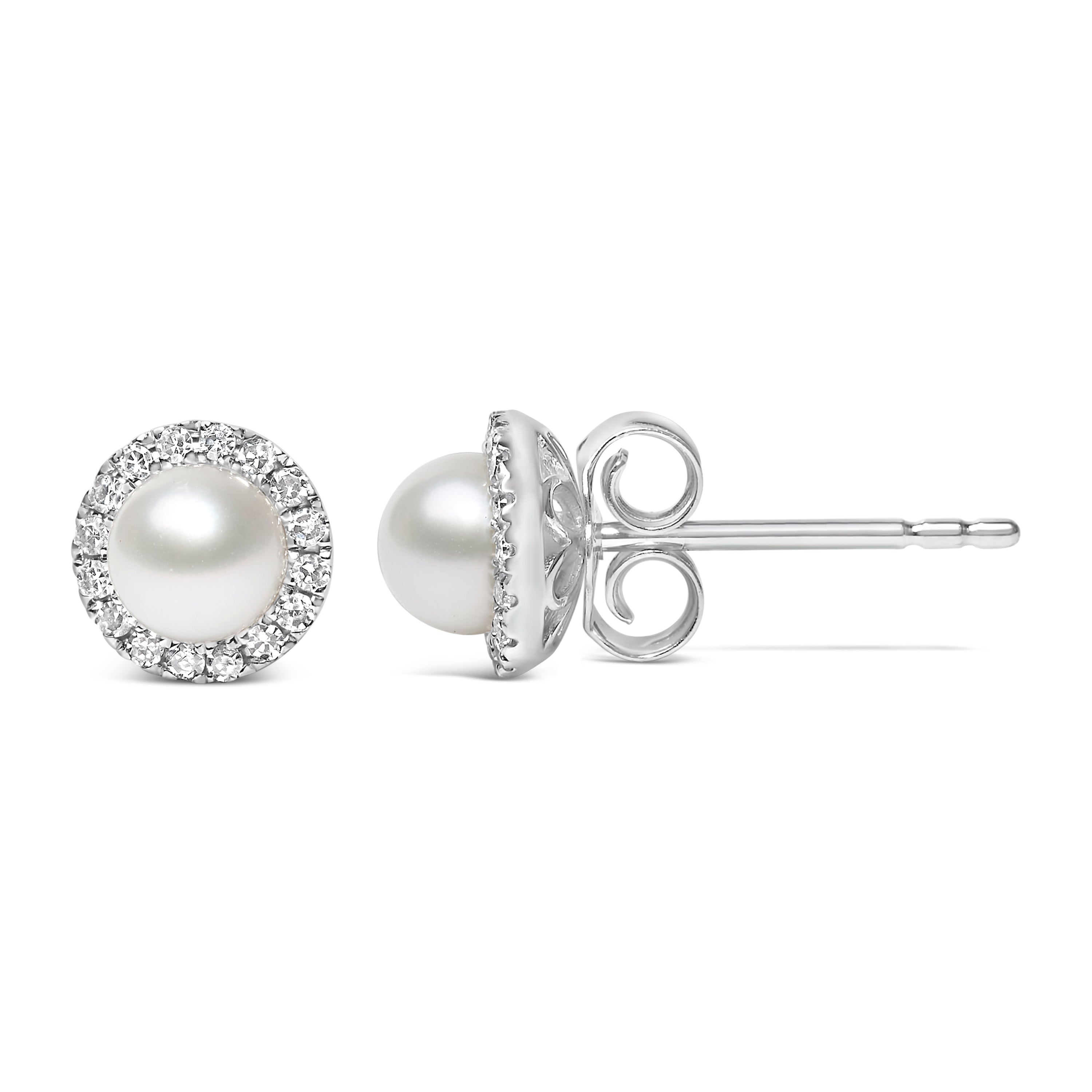 10K White Gold 4.5mm Cultured Freshwater Pearl and 1/7 Cttw Diamond Halo Stud Earring (I-J Color, I1-I2 Clarity) DestGlow