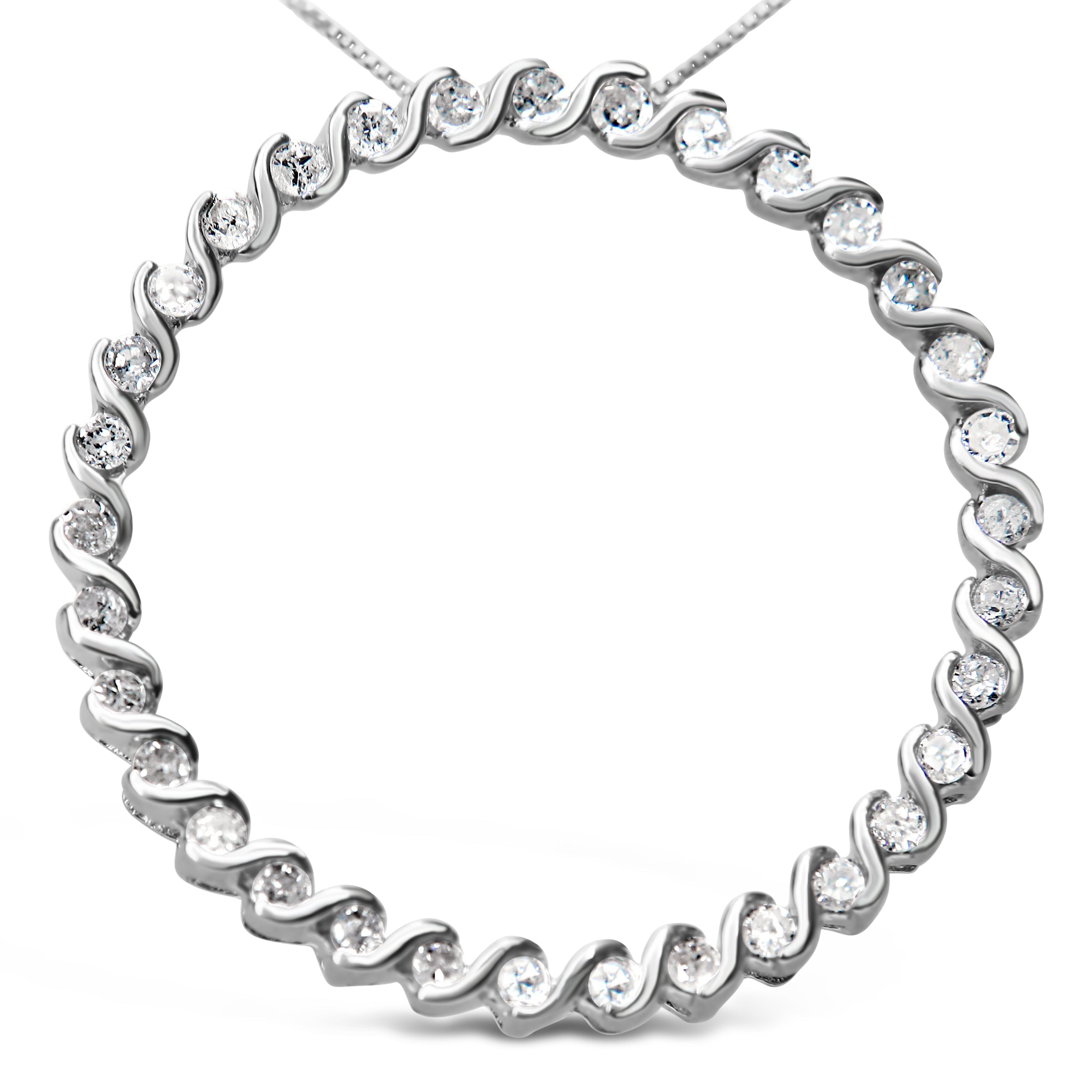 .925 Sterling Silver 3/4 Cttw Round Diamond Spiral Curved Circle Pendant 18" Necklace (I-J Color, I3 Clarity)