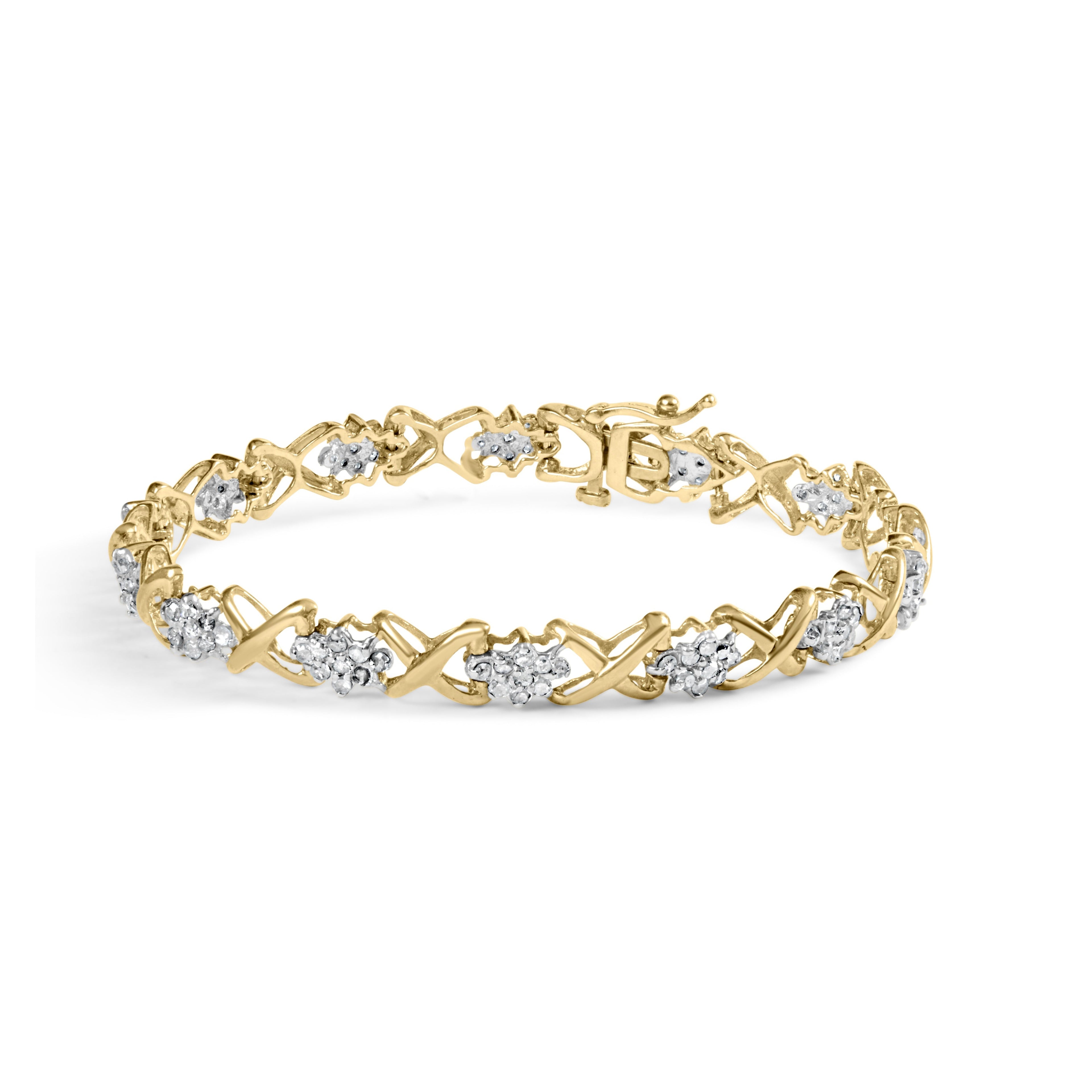 10k Yellow Gold 2.00 Cttw Diamond Cluster and Alternating "X" Link Bracelet (I-J Color, I3 Clarity) - 7" by Bids.com