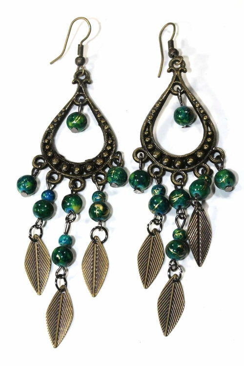 Free Spirit Leaf Dangler Earrings - Baroque Chandelier Earrings with Marbled Beads