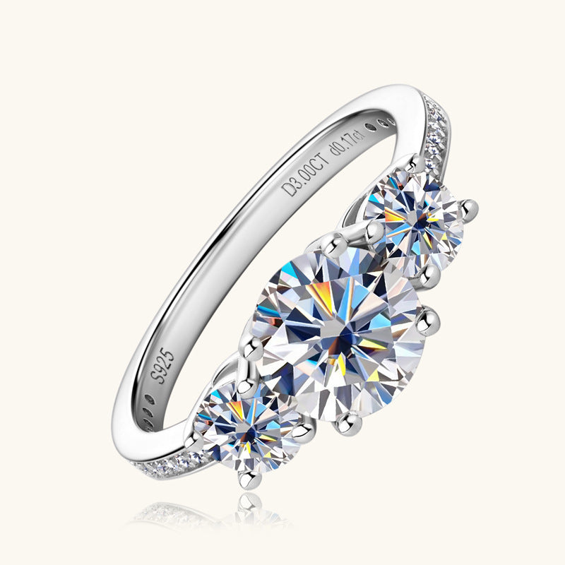 3 Carat 3-Stone Round Brilliant Round Cut Sparkala™ Platinum-Plated 925 Sterling Silver Ring - DestGlow