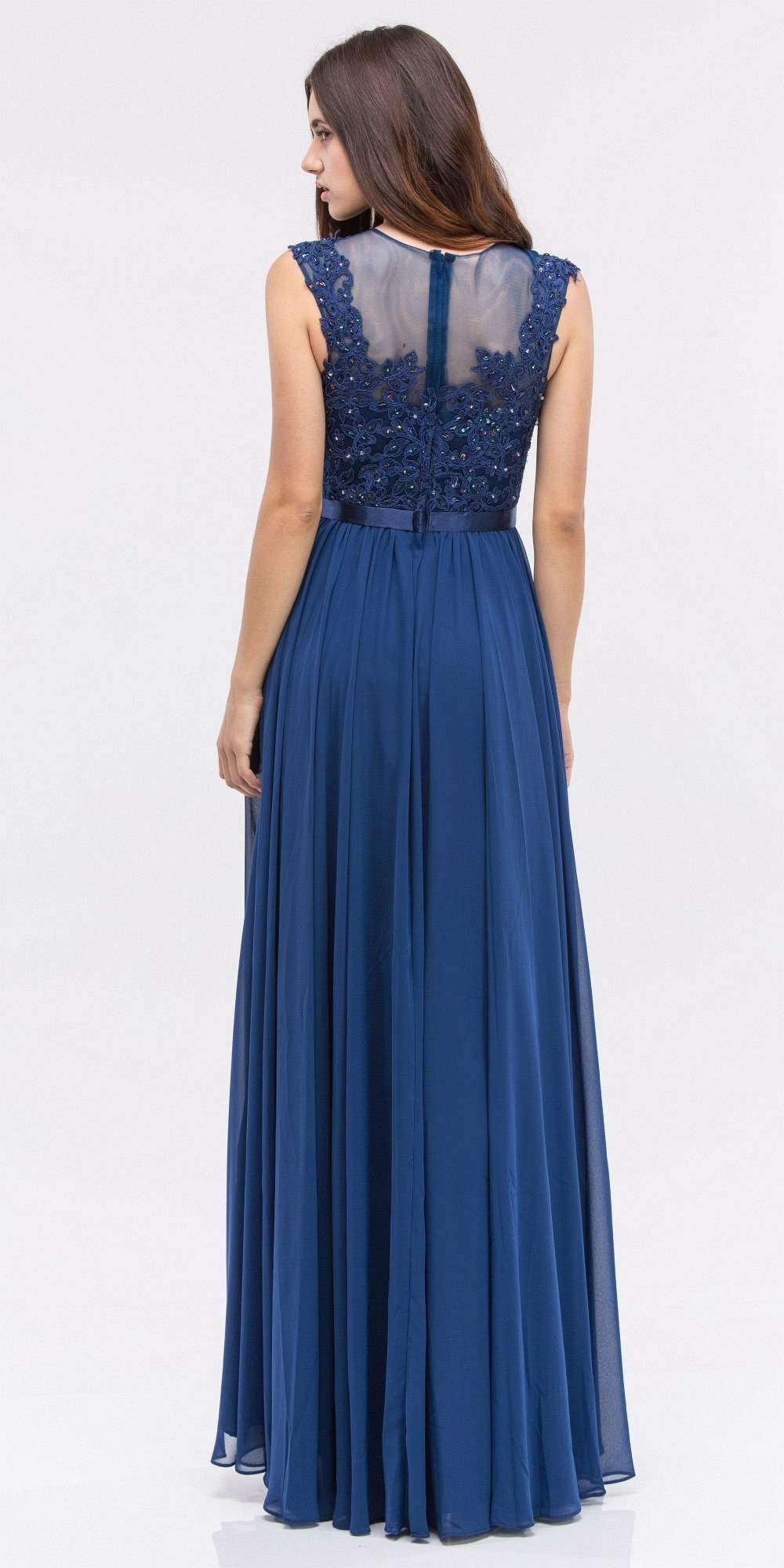 CLEARANCE - Eureka 3611 Lace Illusion Bodice Bateau Neck A-line Long Dress (Size L) by DiscountDressShop