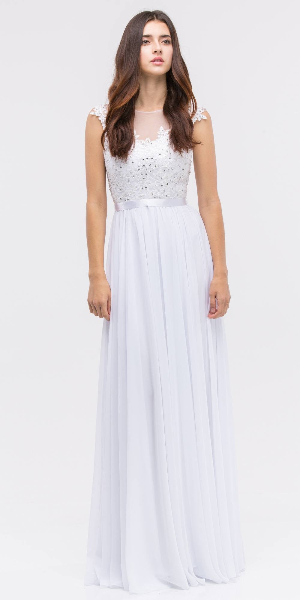 CLEARANCE - Eureka 3611 Lace Illusion Bodice Bateau Neck A-line Long Dress (Size L) by DiscountDressShop