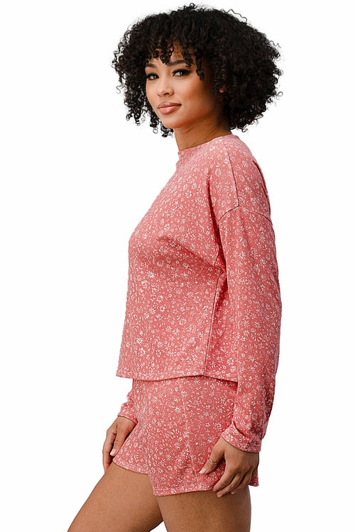 Women's Hacci Ditsy Floral Lounge Set - Sweatshirt & Shorts PJ Set (Size S)