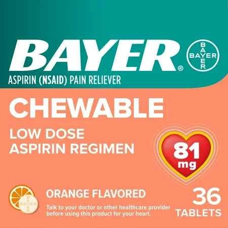 Bayer Chewable Aspirin Low Dose 81mg Orange Flavor 36 count