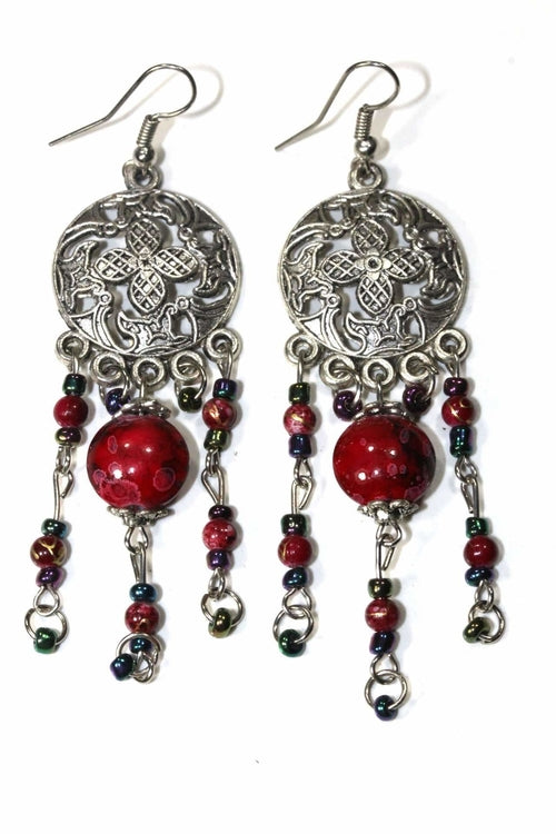 Flower Medallion & Grand Bead Dangler Earrings - Baroque Chandelier with Leaf Charms