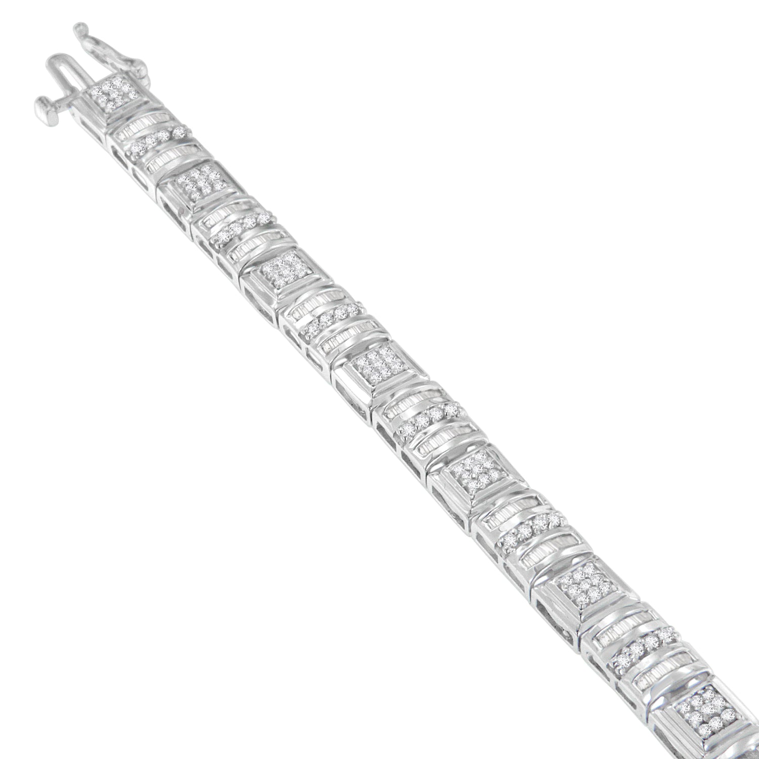 10K White Gold Round and Baguette Cut Diamond Bracelet (2.00 cttw, H-I Color, I2-I3 Clarity) DestGlow