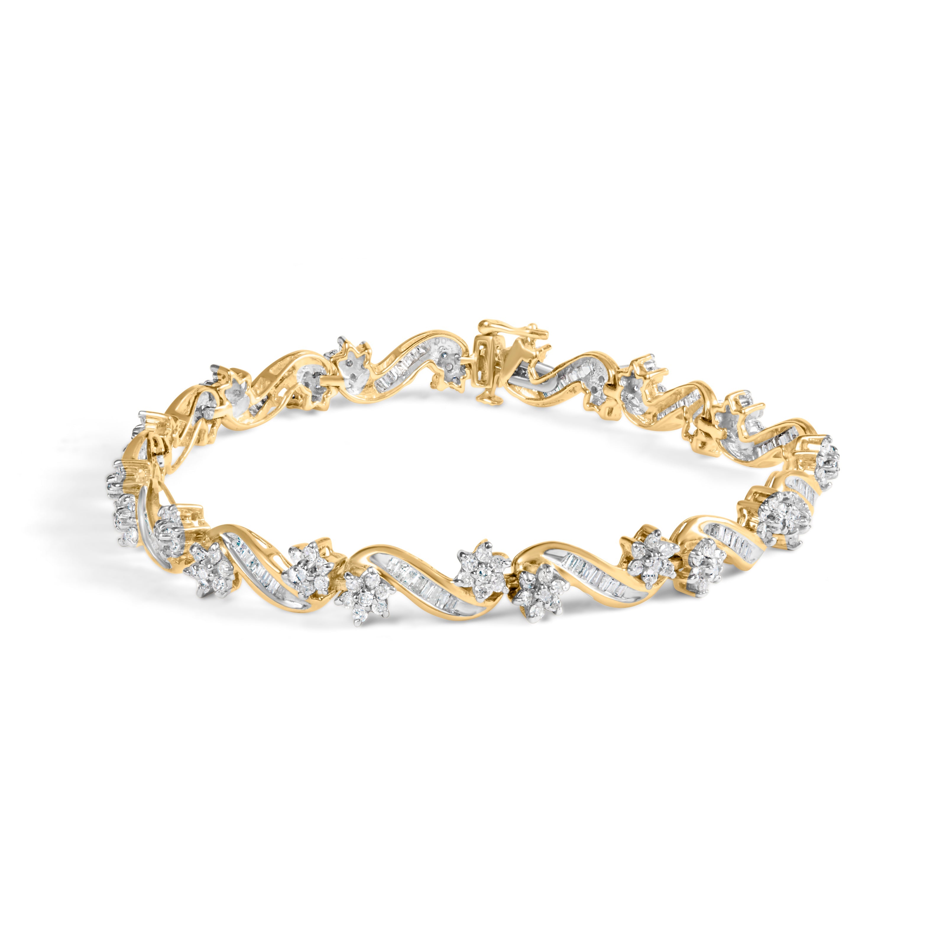 10k Yellow Gold 3.00 Cttw Round-Cut and Baguette-Cut Floral Link 7.25" Bracelet (I-J Color, I1-I2 Clarity) by Bids.com