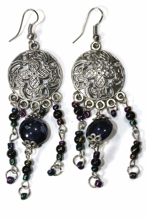 Flower Medallion & Grand Bead Dangler Earrings - Baroque Chandelier with Leaf Charms