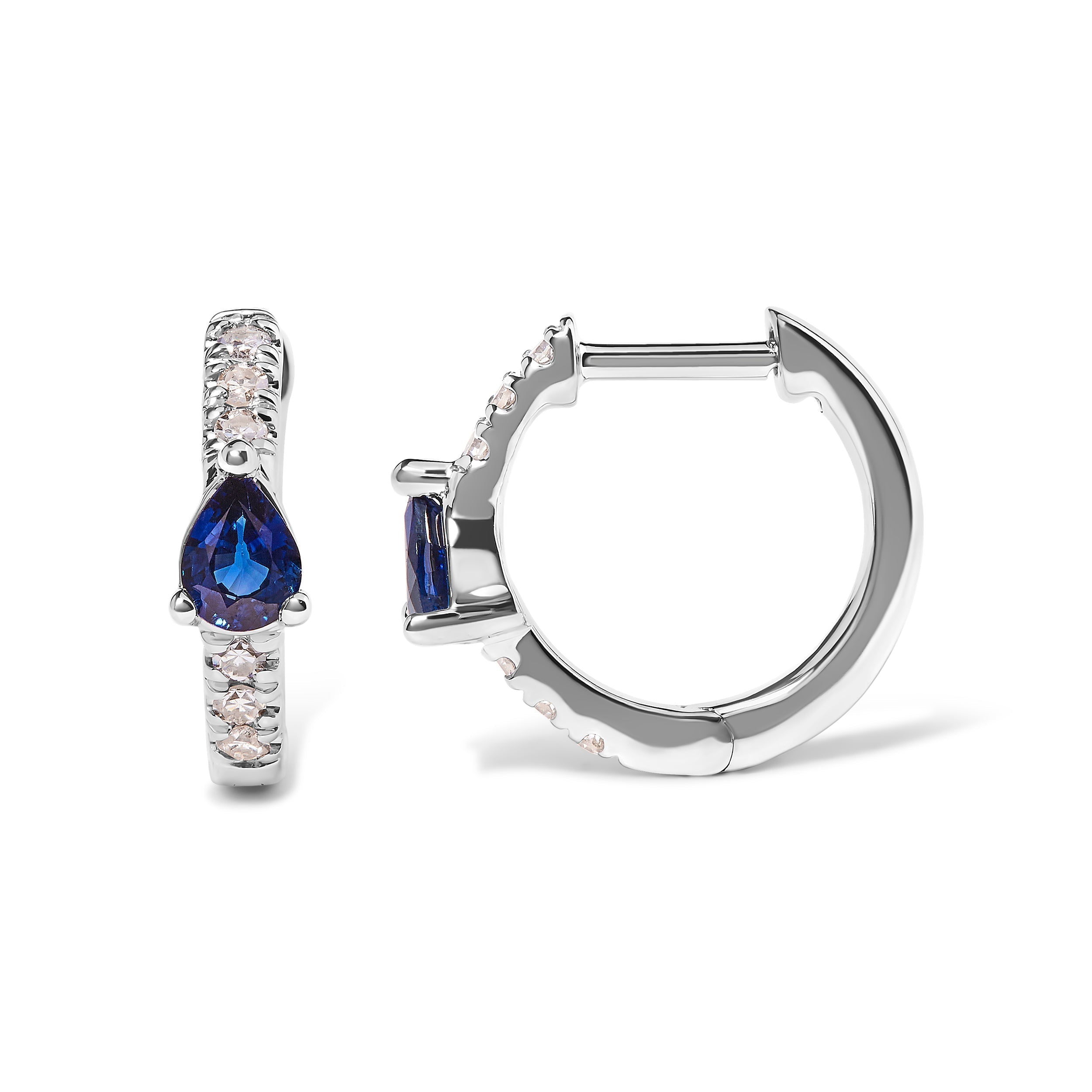 10K White Gold Pear Shaped Blue Sapphire and 1/10 Cttw Diamond Huggy Hoop Earrings (H-I Color, I1-I2 Clarity) DestGlow