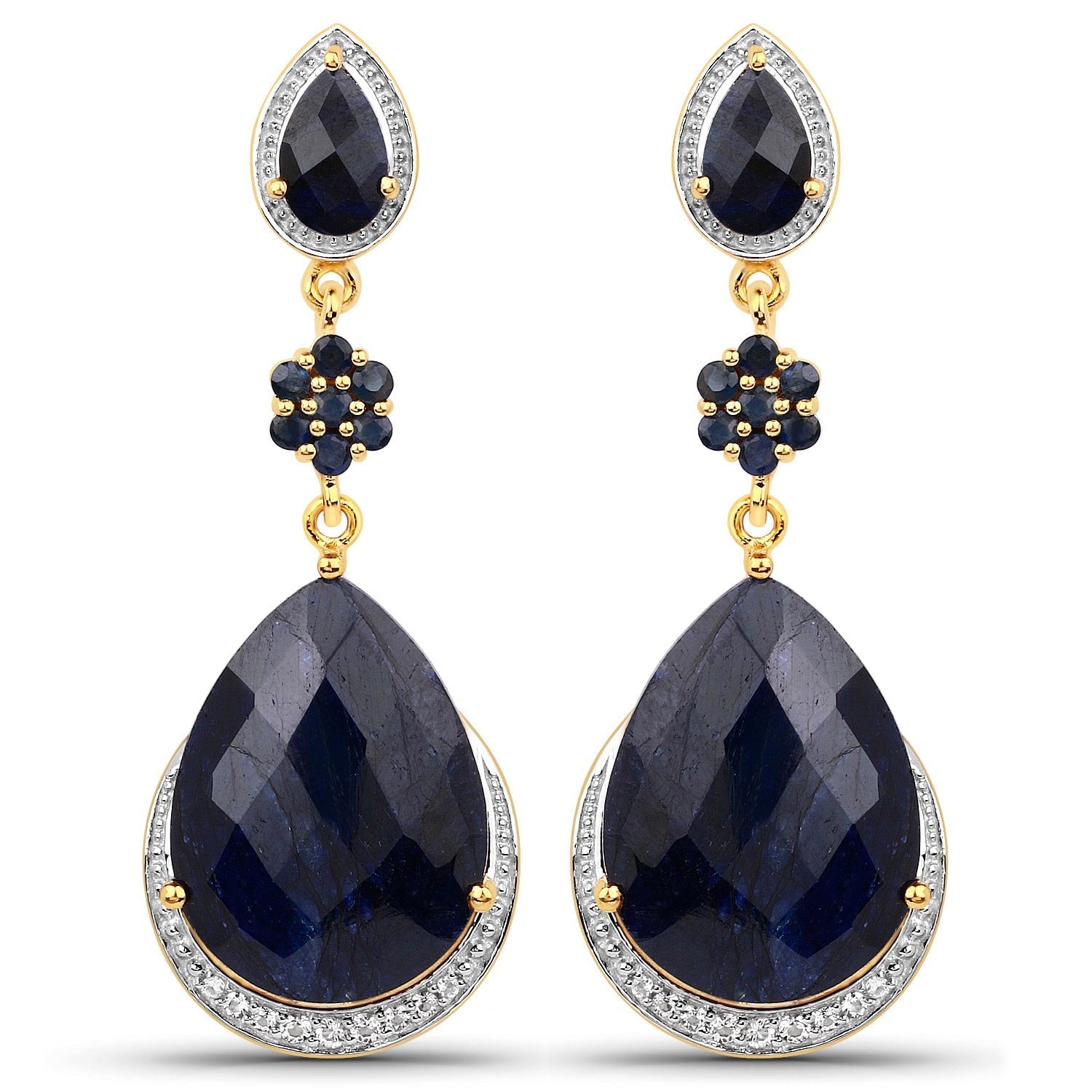 30.04 Carat Dyed Sapphire, Blue Sapphire and White Topaz .925 Sterling Silver Earrings