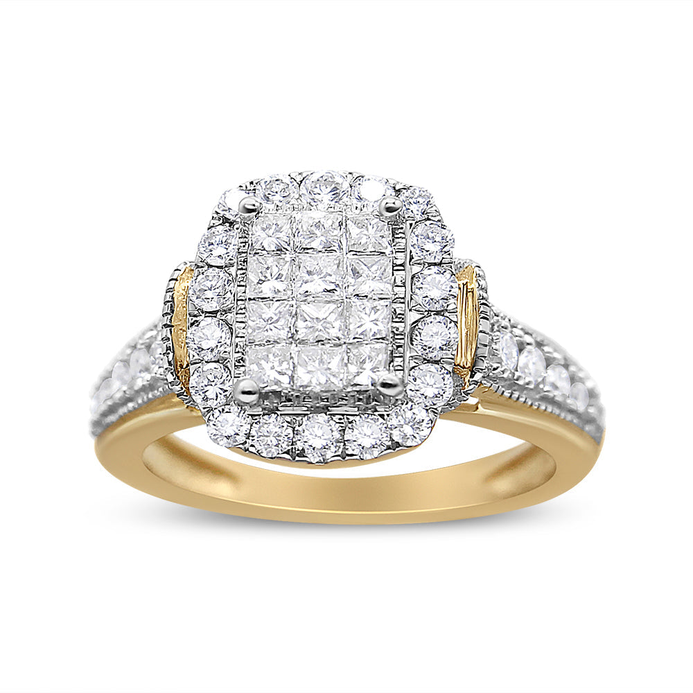 14K Yellow and White Gold 1.00 Cttw Princess and Round Cut Emerald Shaped Halo Diamond Cluster Ring (SI1-SI2 Clarity, H-I Color) - Size 7 by Bids.com