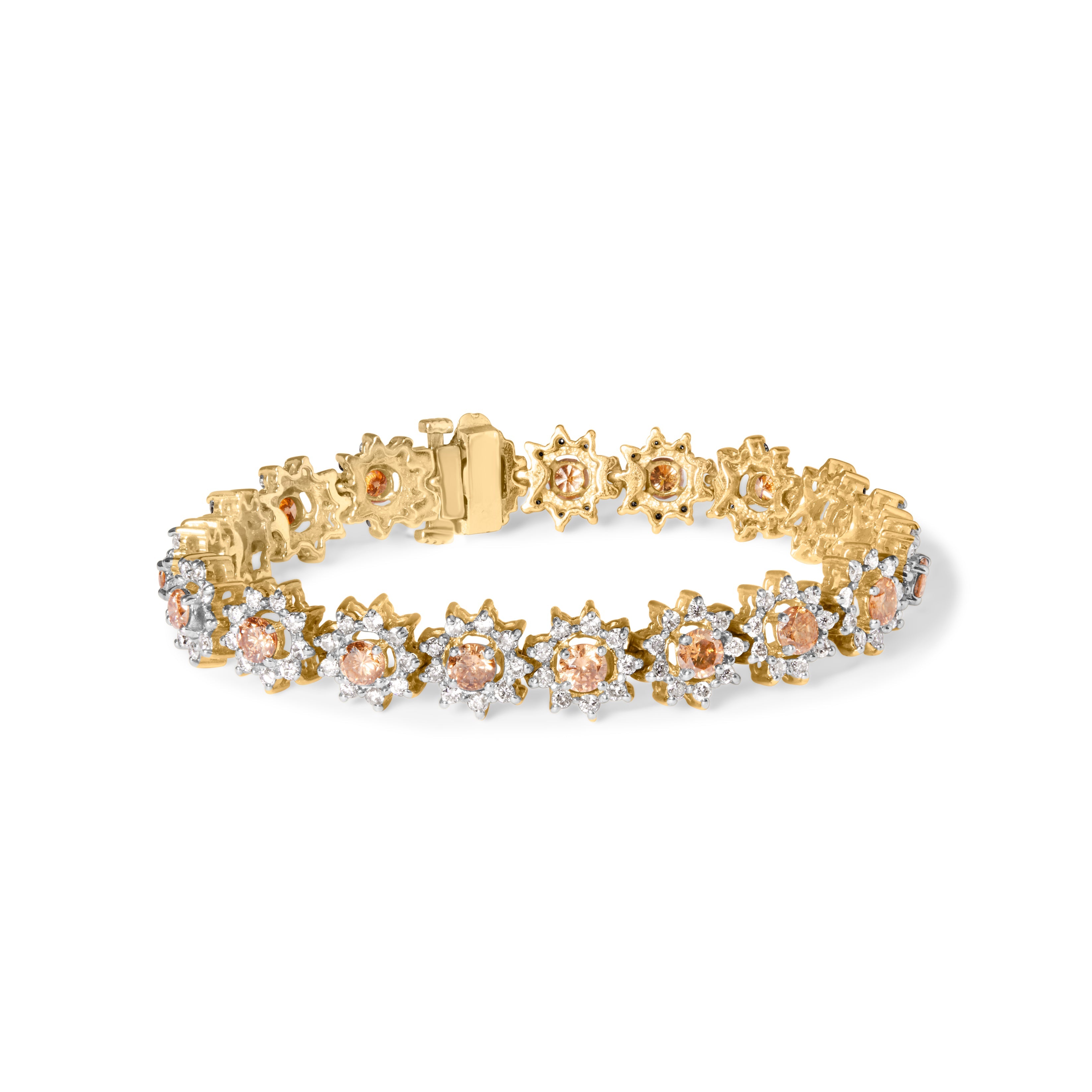 14K Yellow Gold 8.00 Cttw Champagne Diamond Floral Cluster Halo Link Bracelet (H-I Color, I1-I2 Clarity) by Bids.com