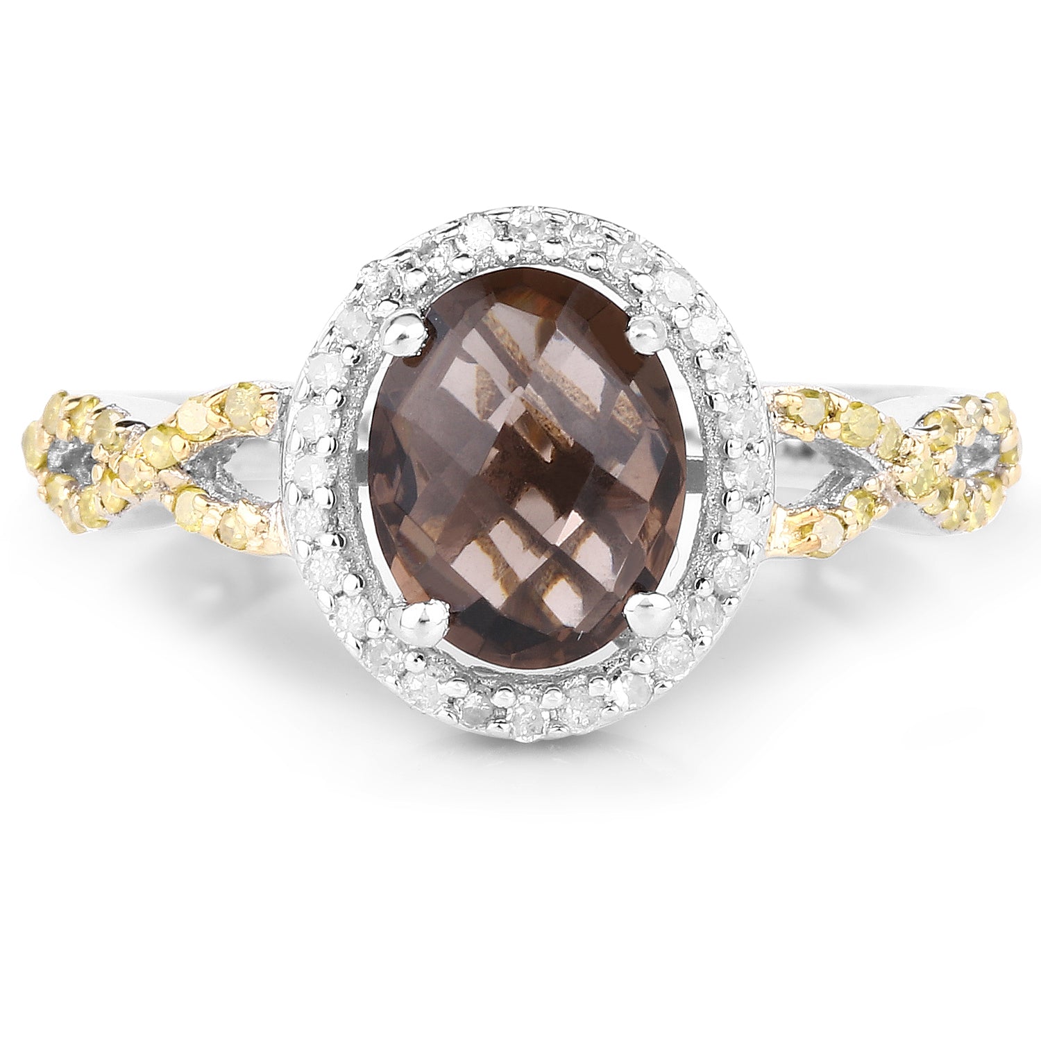 1.90 Carat Genuine Smoky Quartz, Yellow Diamond & White Diamond .925 Sterling Silver Ring by Bids.com