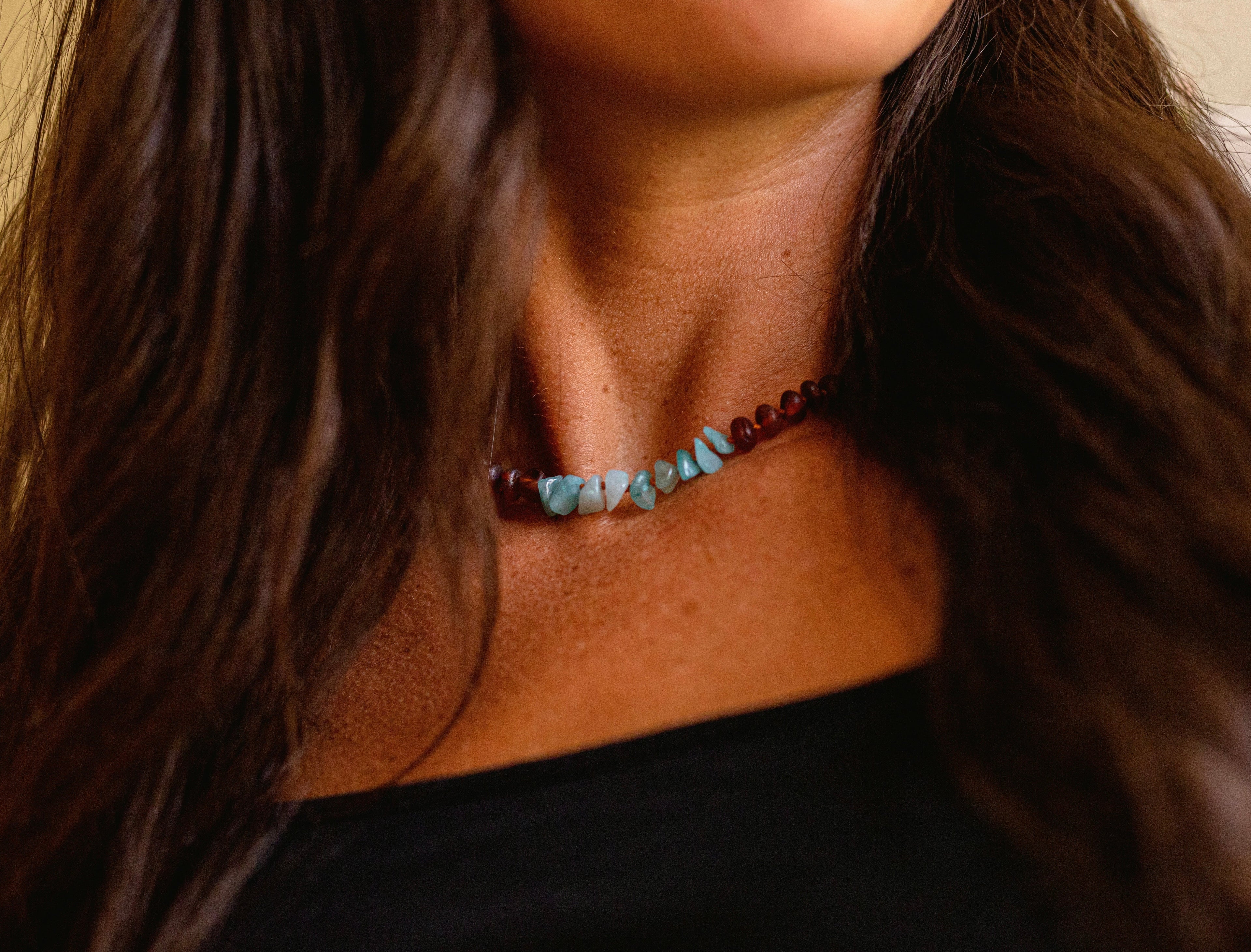 Raw Cognac Baltic Amber + Aquamarine || Necklace DestGlow