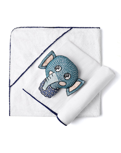 3-Piece Newborn Essential Gift Set - Hooded Towel, Swaddle & Toy Rattle
