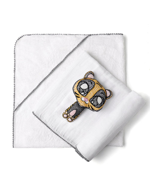 3-Piece Newborn Essential Gift Set - Hooded Towel, Swaddle & Toy Rattle