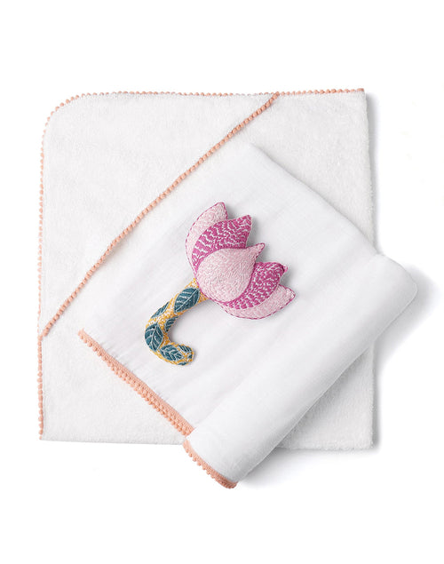 3-Piece Newborn Essential Gift Set - Hooded Towel, Swaddle & Toy Rattle
