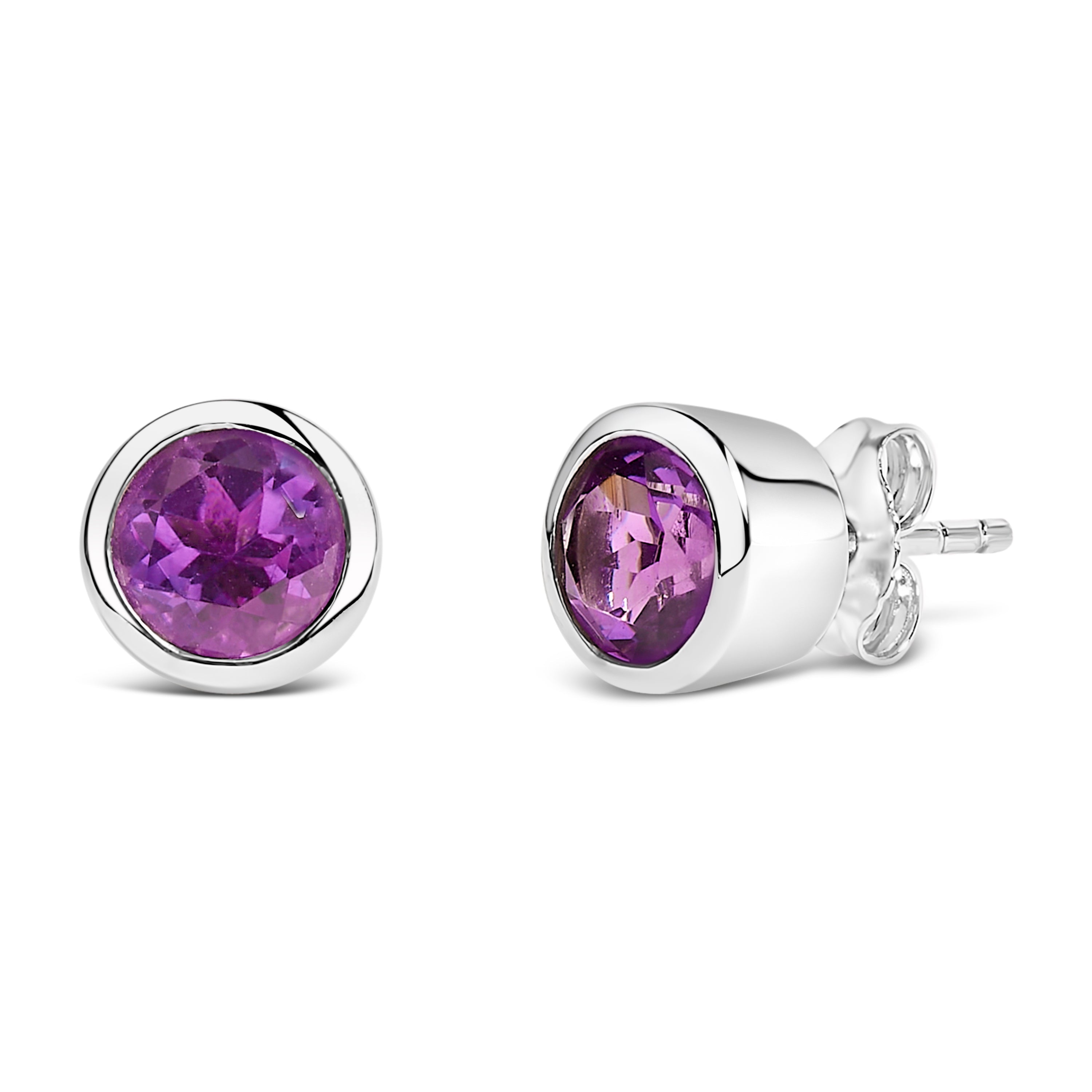 .925 Sterling Silver 6MM Bezel Set Created Purple Amethyst Solitaire Stud Earrings by Bids.com