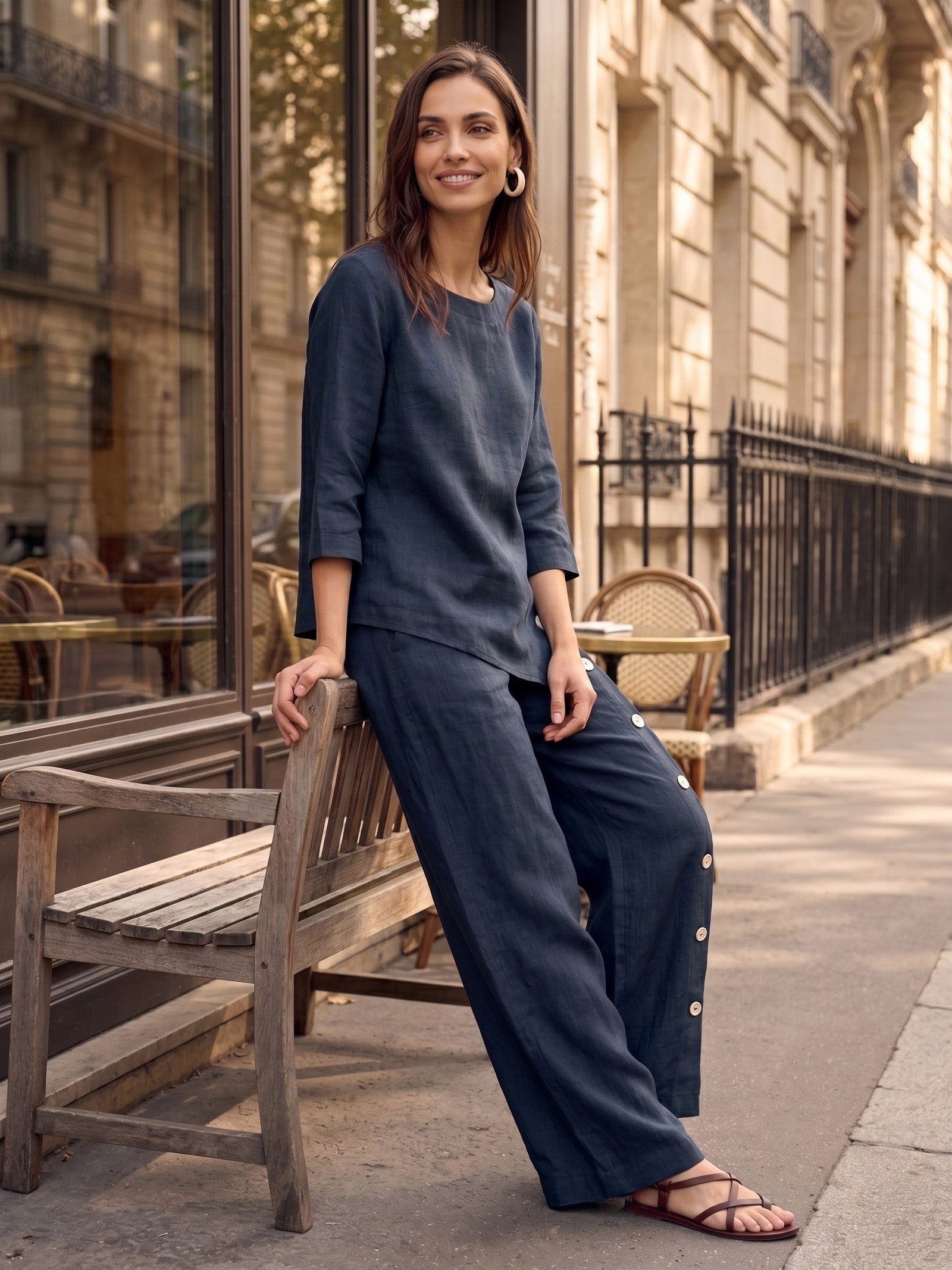 100% Linen Asymmetric-Hem Button-Trim Top NYLA DestGlow