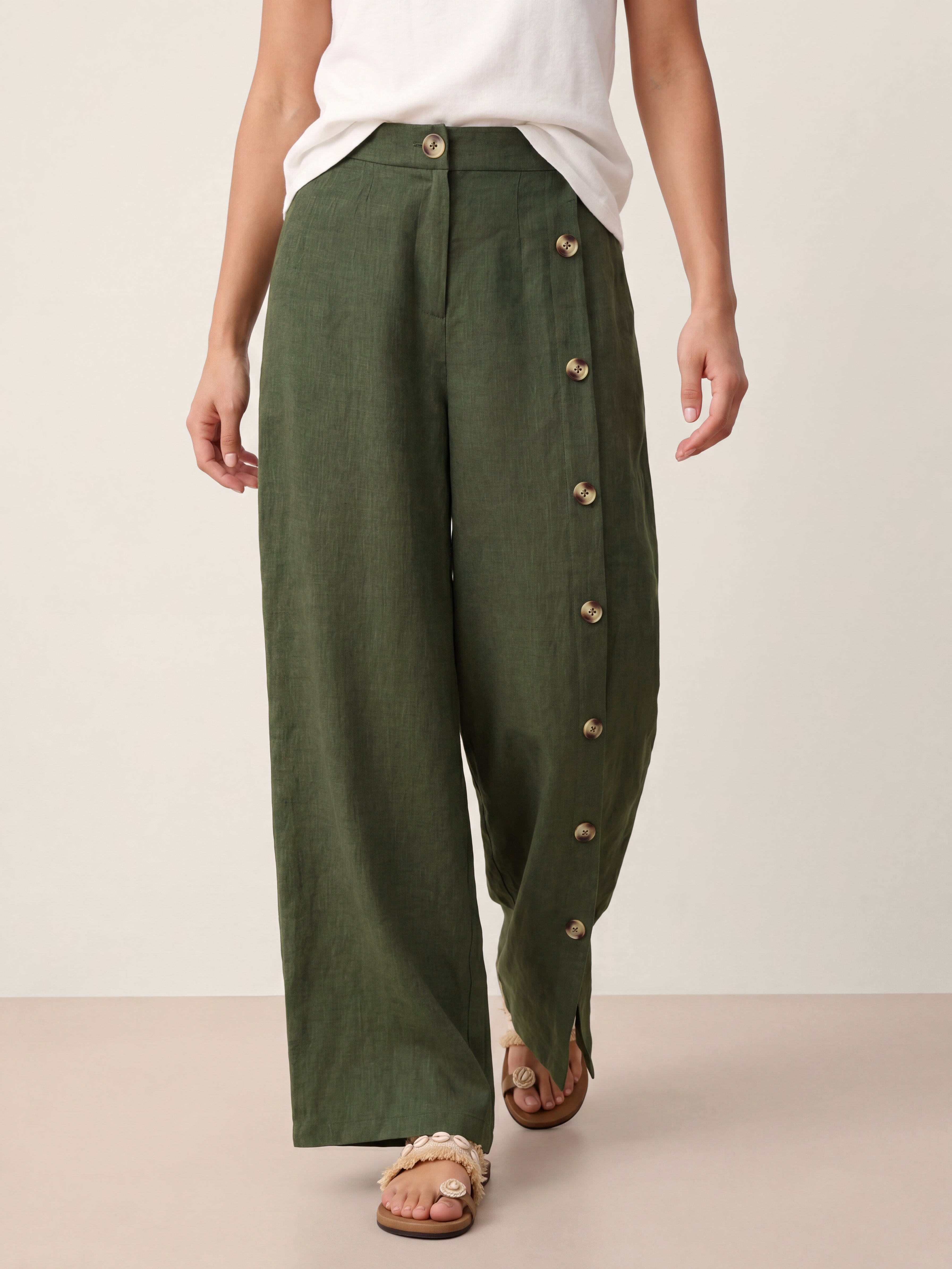 100% Linen Buttoned Slit-Hem Pants KATYA DestGlow