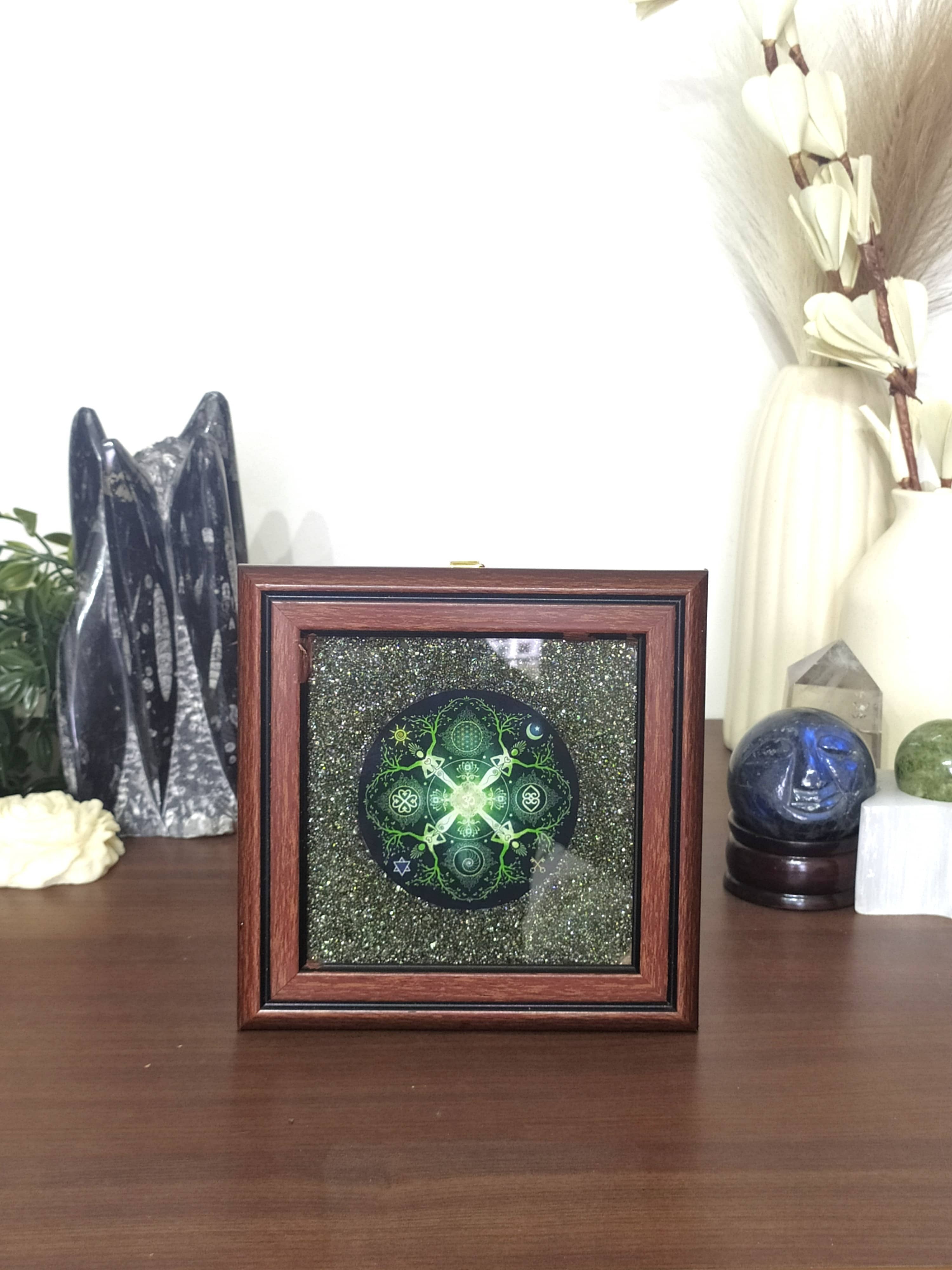Pyrite Frame with Numinosity Mandala Art, Pyrite Dust Plate DestGlow
