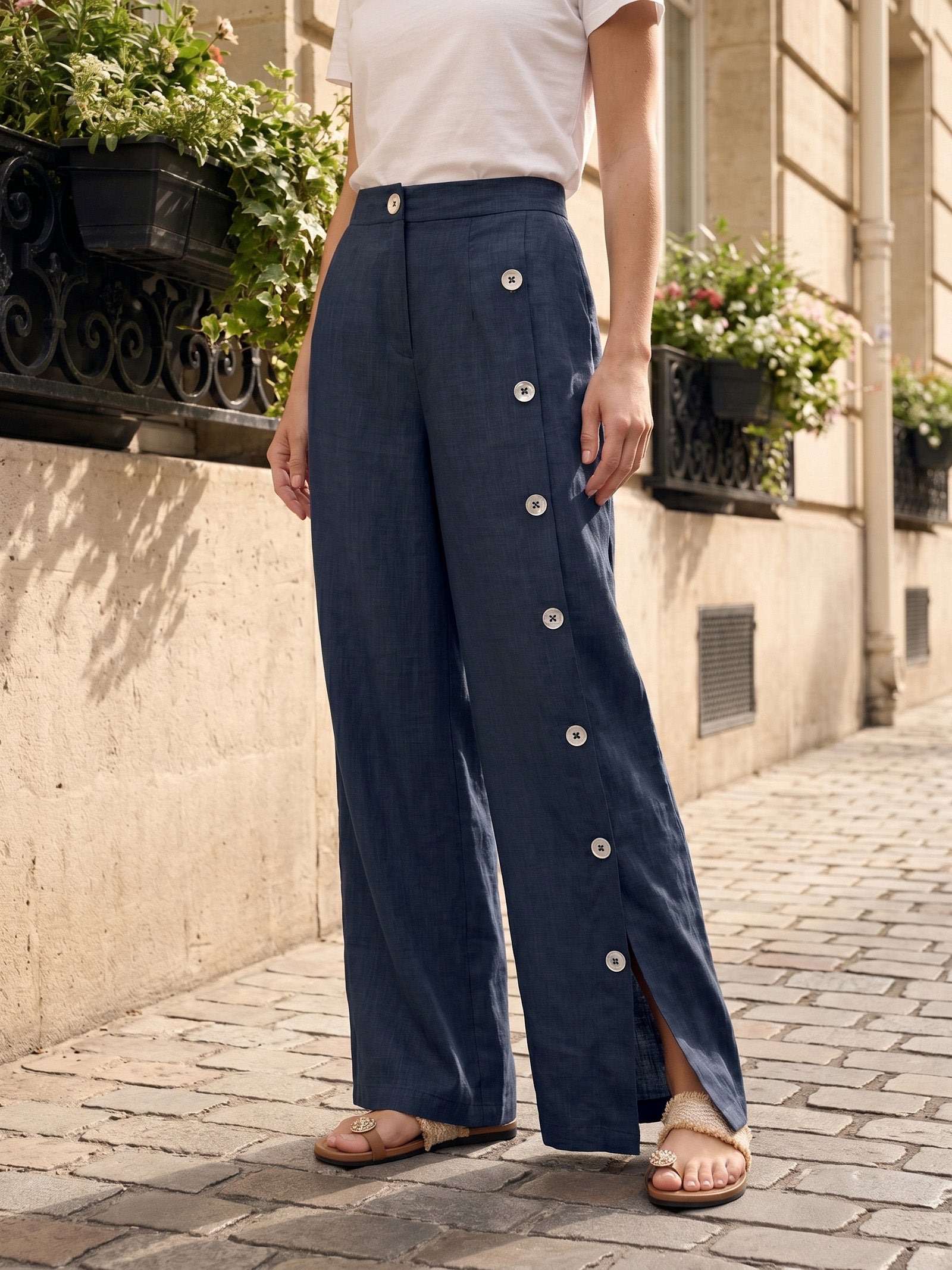 100% Linen Buttoned Slit-Hem Pants KATYA DestGlow