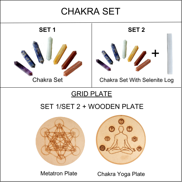Chakra Crystals Points Set, 7 Chakra Stones Point Set with Wooden Grid Plate, Selenite Log DestGlow