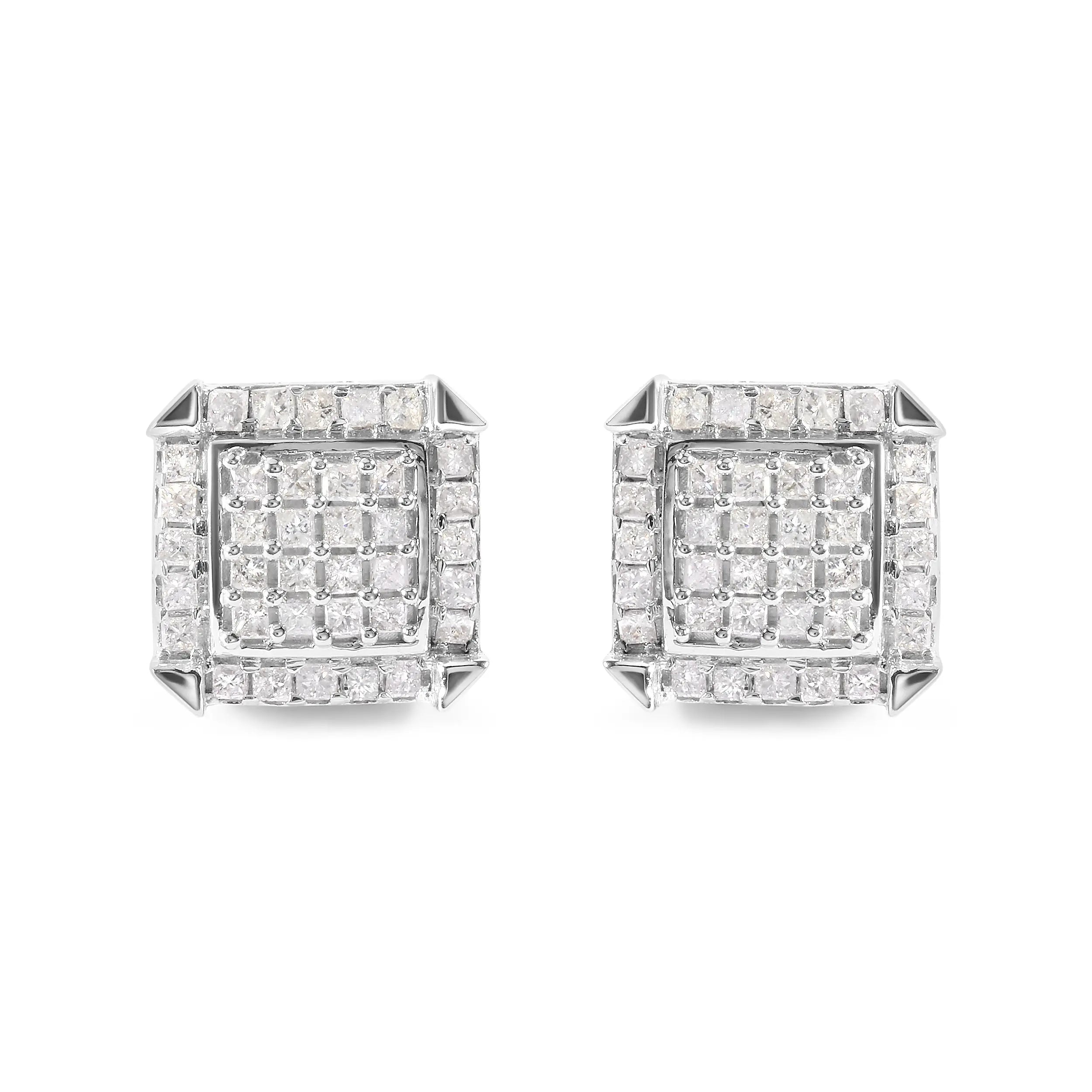 10K White Gold 1 1/10 Cttw Princess Diamond Composite and Halo Stud Earrings (I-J Color, I1-I2 Clarity)