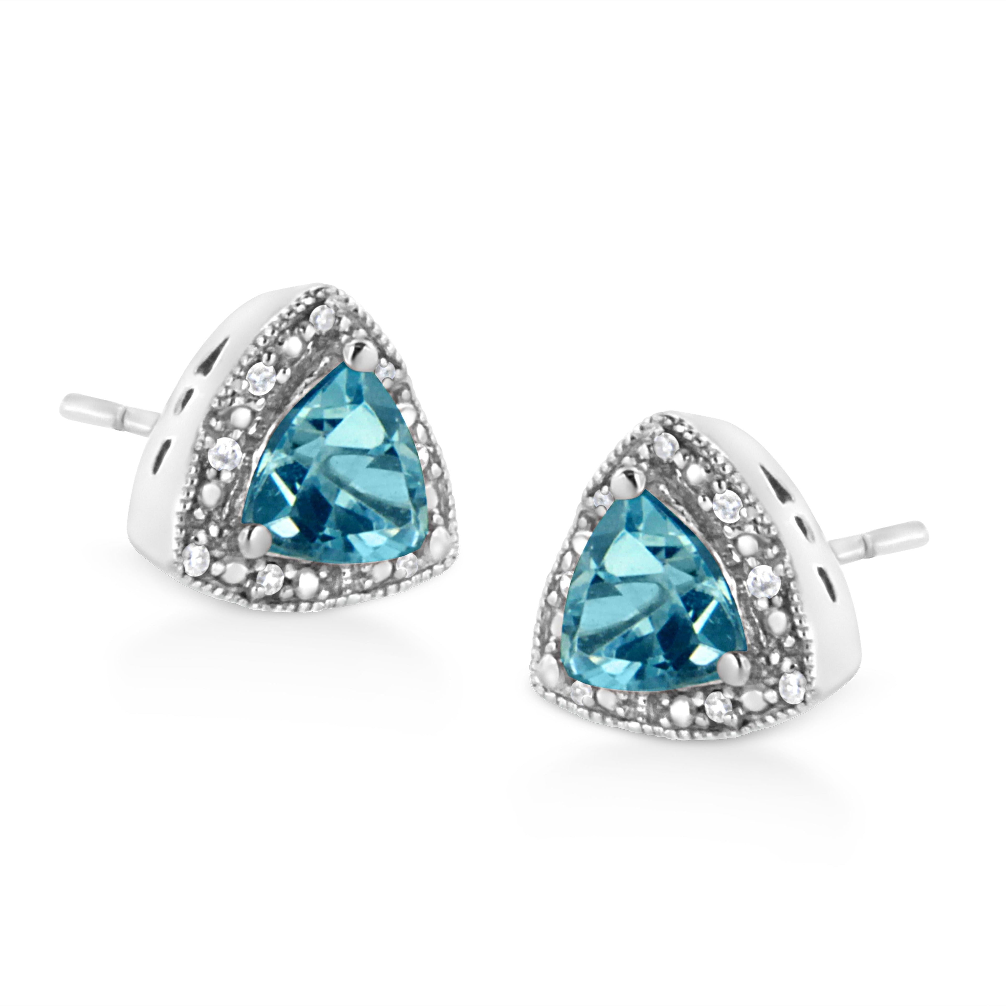.925 Sterling Silver 6x6 mm Trillion Cut Blue Topaz Gemstone and Diamond Accent Stud Earring (I-J Color, I1-I2 Clarity) DestGlow