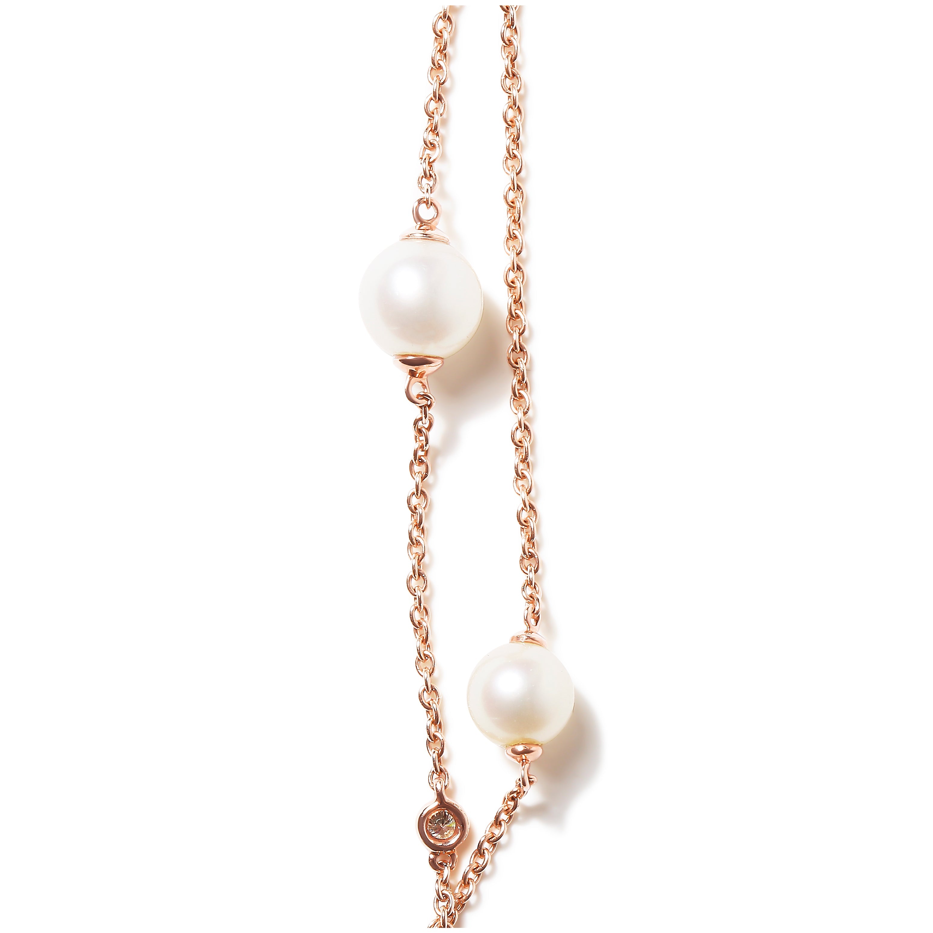 18K Rose Gold 1/2 Cttw Diamond and Freshwater Pearl Double Strand Station Necklace (G-H Color, SI1-SI2 Clarity) - Adjustable up to 16" to 20" by Bids.com