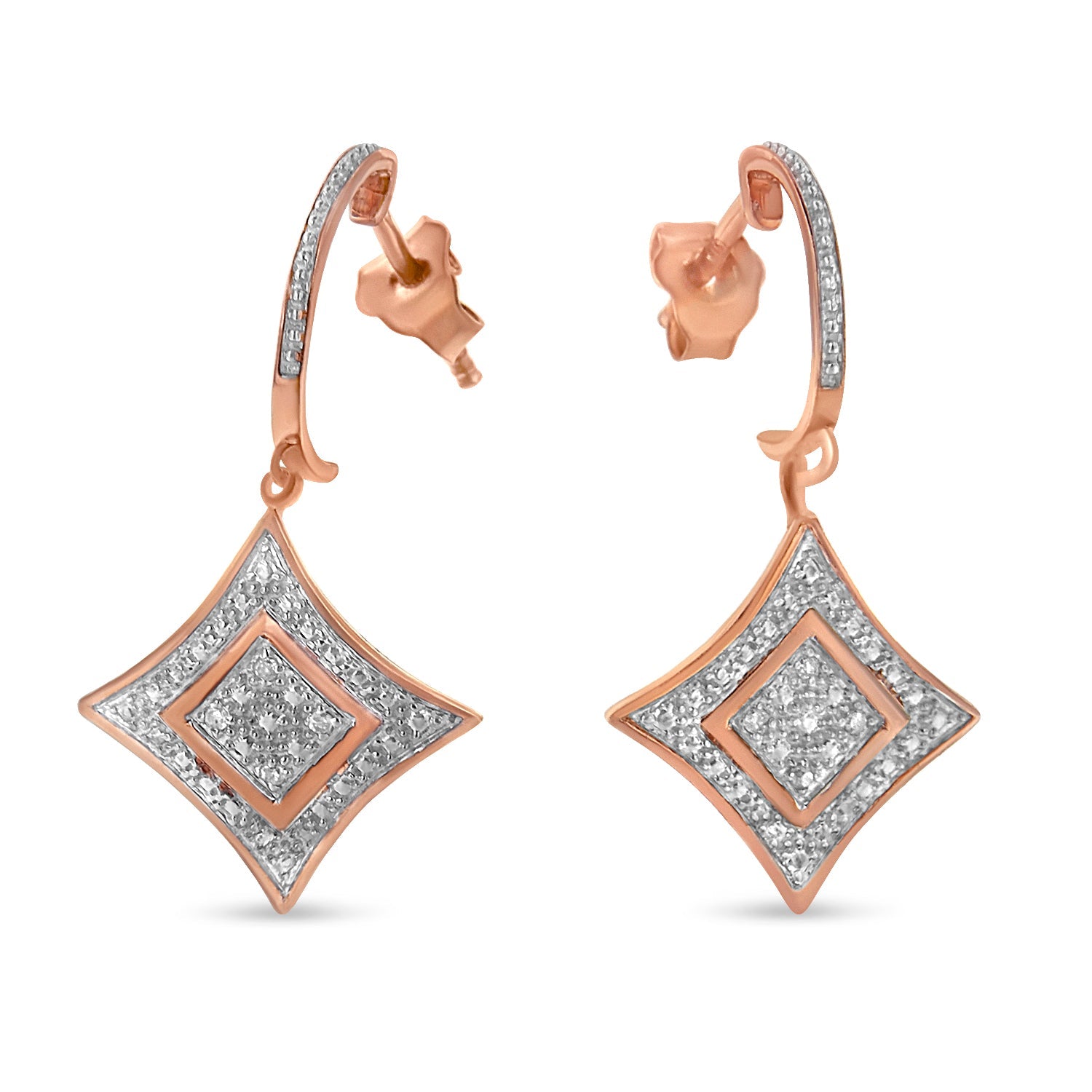 10K Rose Gold Plated Sterling Silver Round Cut Diamond Cushion Dangle Earrings (0.04 cttw, H-I Color, I2-I3 Clarity) by Bids.com