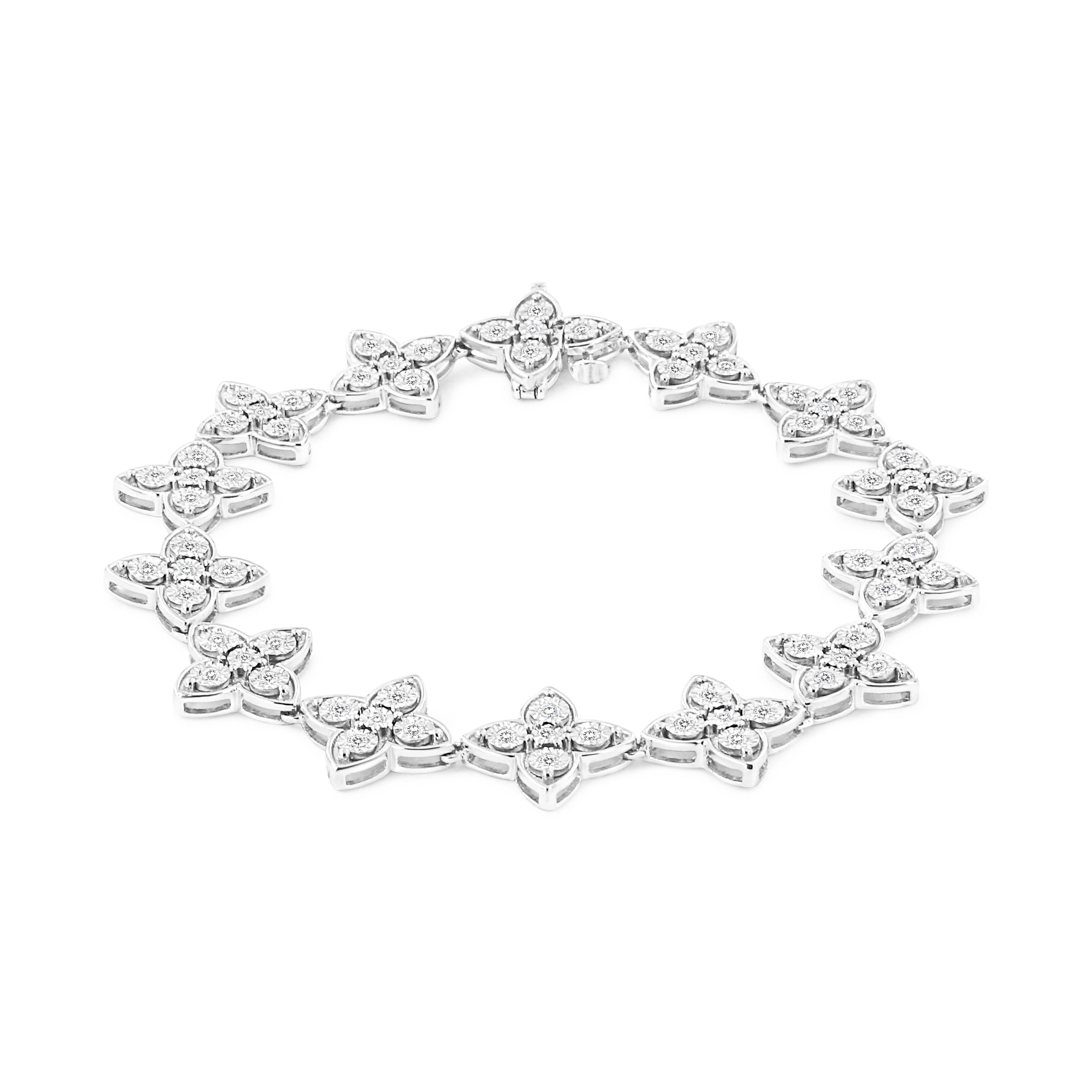 .925 Sterling Silver 1.0 cttw Miracle-Set Diamond 4 Leaf Clover Link Bracelet (I-J Clarity, I3 Color) - Size 7.25" DestGlow