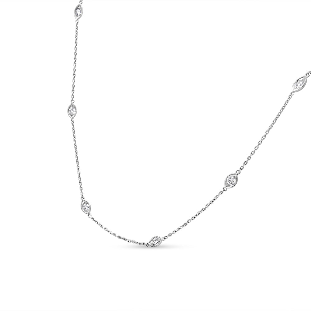 14K White Gold 1.00 Cttw Bezel Set Round Diamond Marquise Shaped Milgrain Station 18" Collar Necklace (G-H Color, SI1-SI2 Clarity) by Bids.com