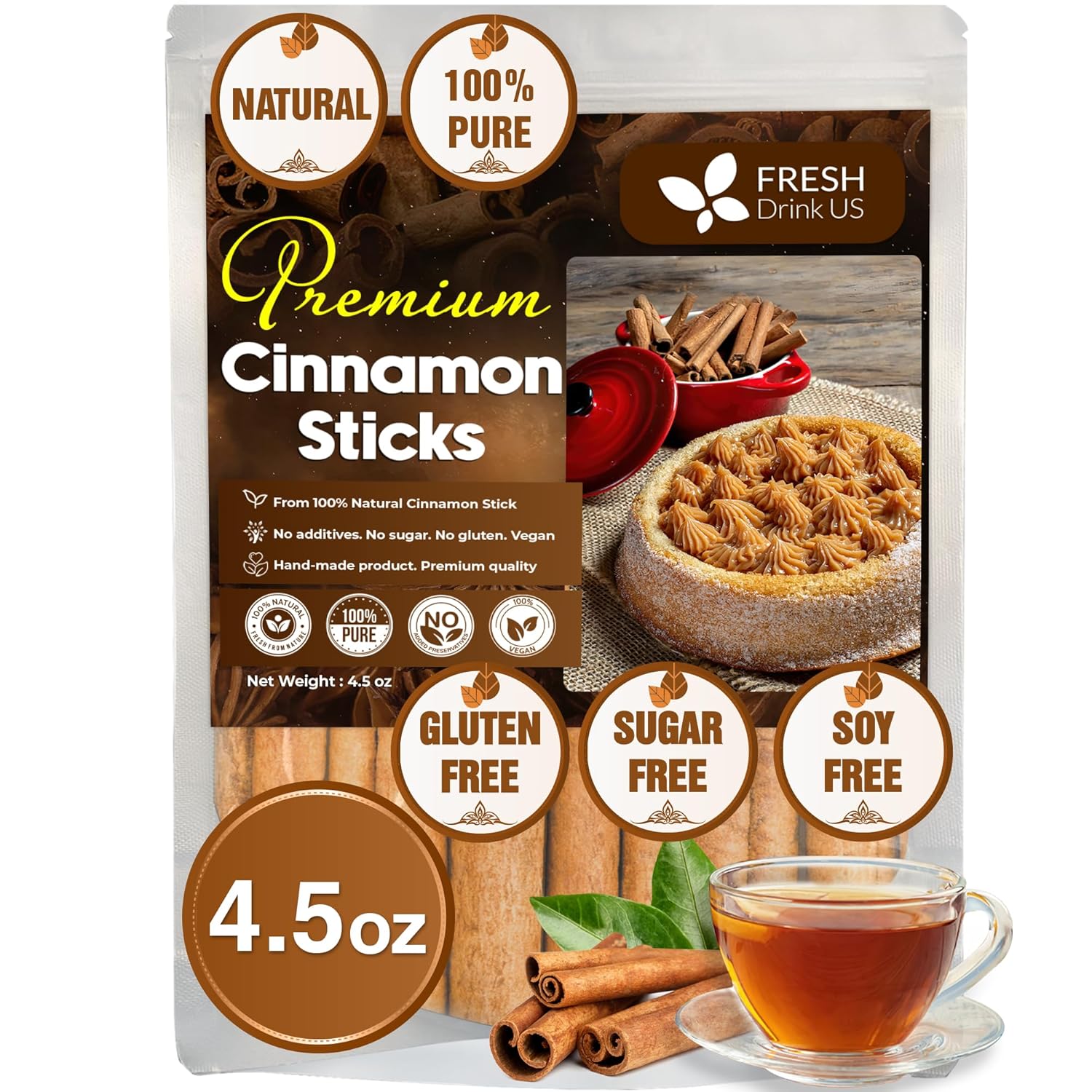 Cinnamon Sticks, Whole Sticks, 100% Natural & Pure Cinnamon Inner Bark, Raw Cinnamon Spice Flavor & Strong Aroma, Cinnamon Spice Herbal Tea, Perfect for Warm Beverages, No Additives, Vegan by FreshDrinkUS - Natural and Premium Herbal Tea