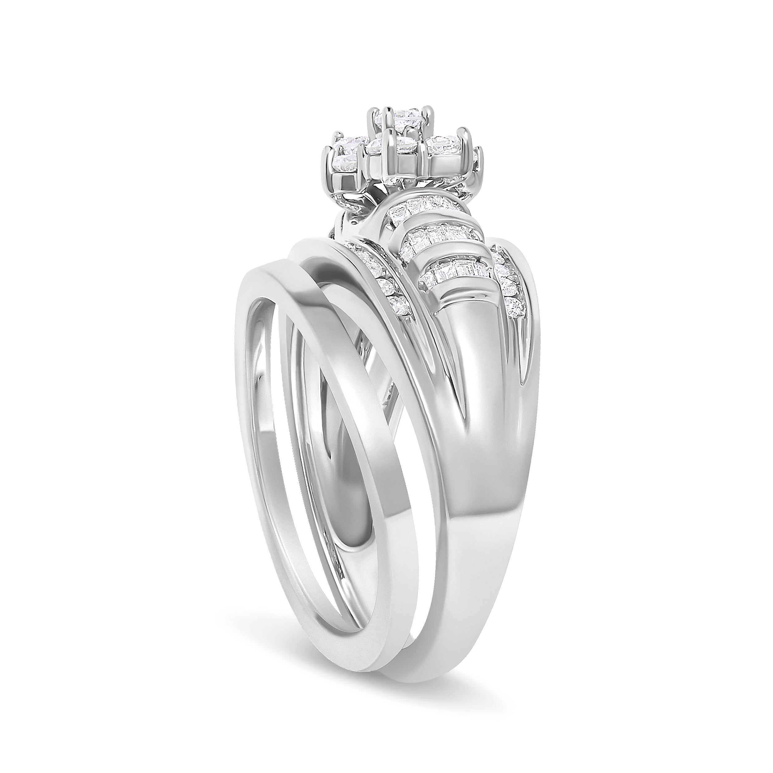 14K White Gold 1.0 Cttw Round and Baguette Diamond Cluster Bridal Set DestGlow