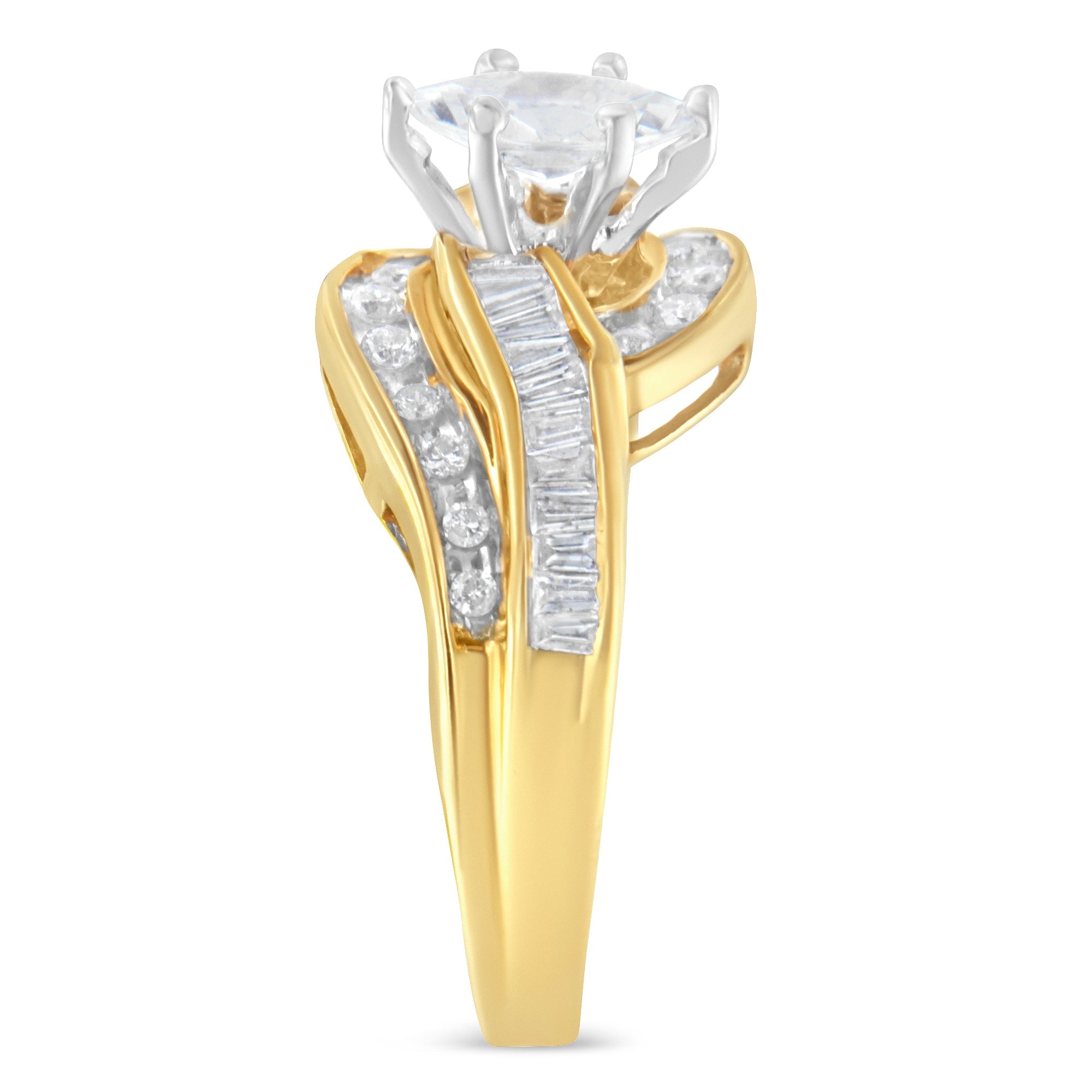 14KT Two-Toned Gold Marquise, Baguette and Round Cut Diamond Bypass Ring (1 cttw, H-I Color, SI1-SI2 Clarity) (Size 7) by Bids.com