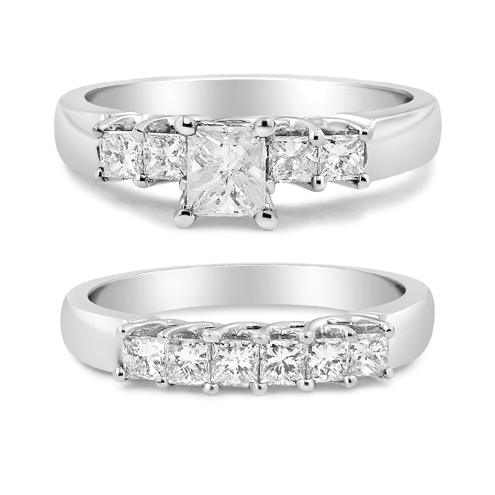 14K White Gold 1 1/2 Cttw 5 Stone Princess Diamond Engagement Wedding Ring Set (H-I Color, SI2-I1 Clarity) - Ring Size 7 by Bids.com