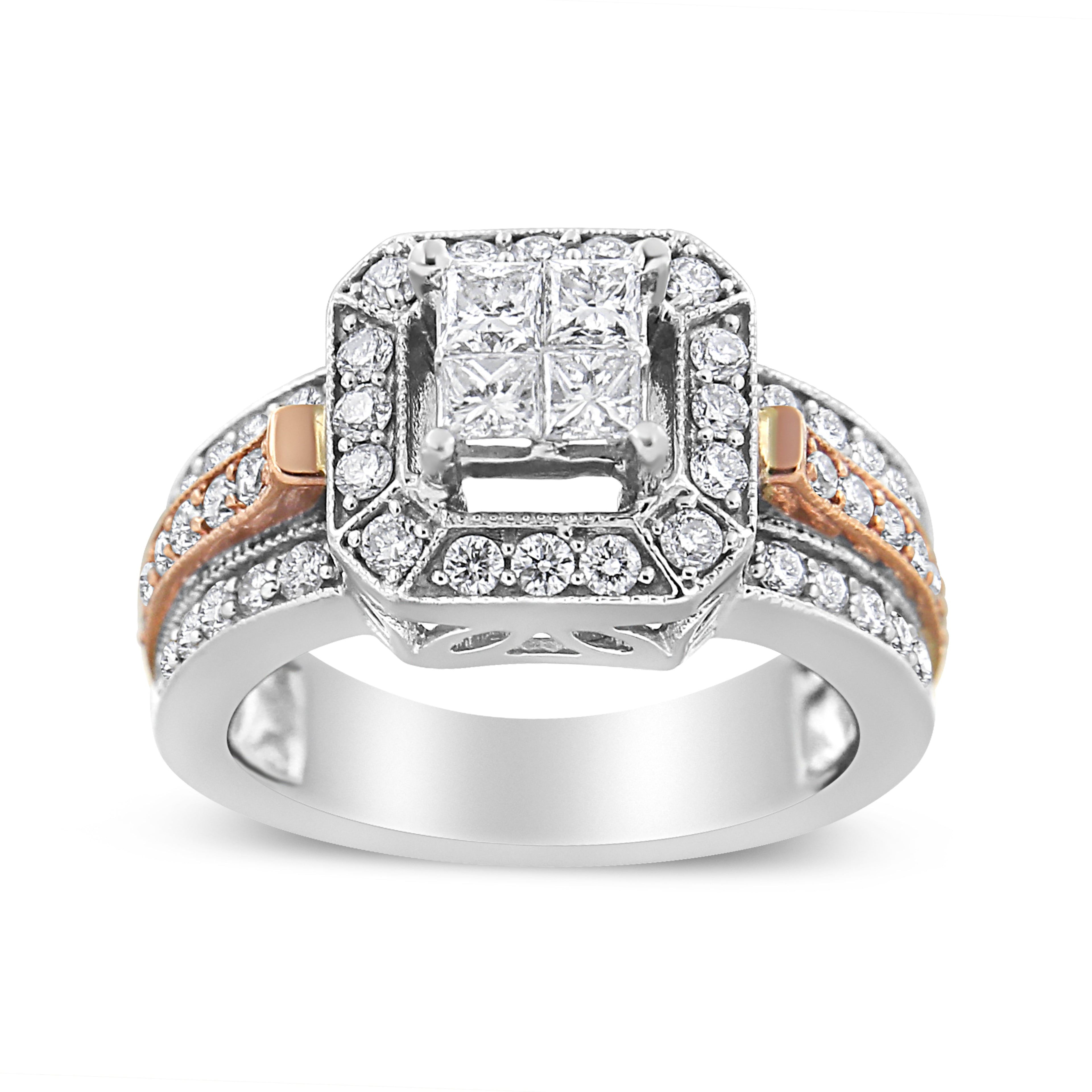 14K White and Rose Gold 1 1/8 Cttw Princess and Round-Cut Diamond Art Deco Style Triple Shank Halo Cocktail Ring (I-J Color, SI2-I1 Clarity) - Size 7 by Bids.com