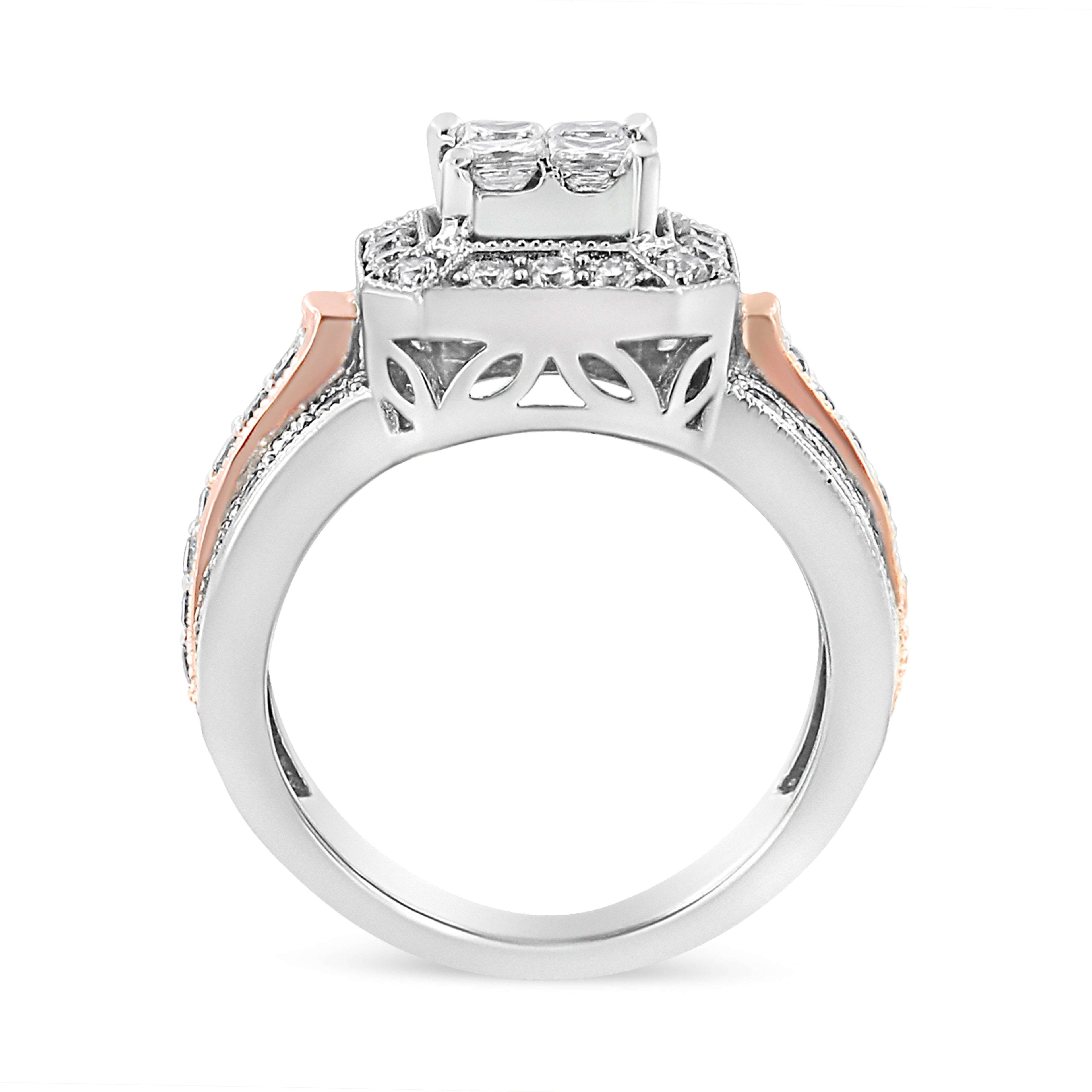 14K White and Rose Gold 1 1/8 Cttw Princess and Round-Cut Diamond Art Deco Style Triple Shank Halo Cocktail Ring (I-J Color, SI2-I1 Clarity) - Size 7 by Bids.com