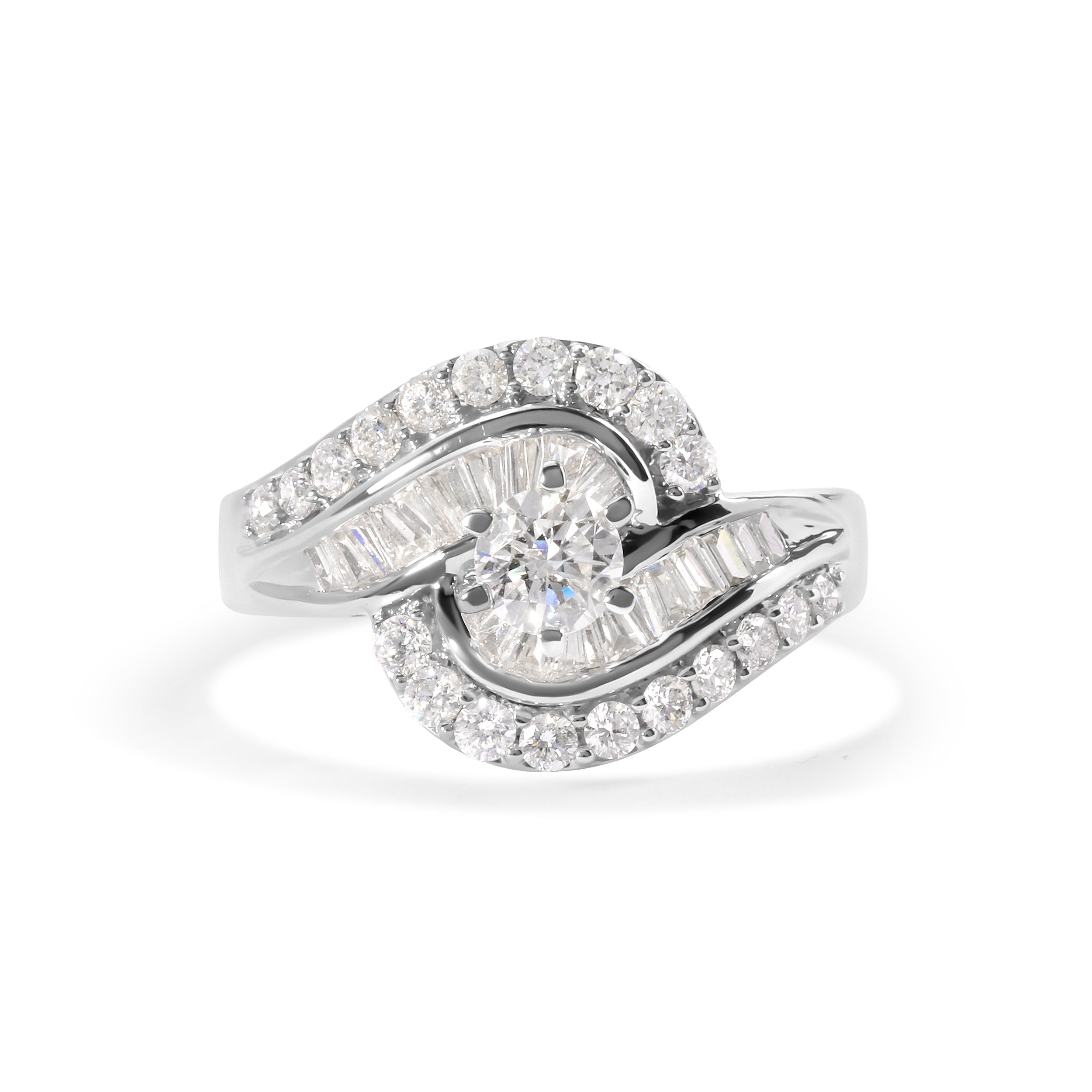 14K White Gold 1.00 Cttw Round and Baguette cut Diamond Swirl Cocktail Ring (H-I Color, SI2-I1 Clarity) - Ring Size 7 DestGlow