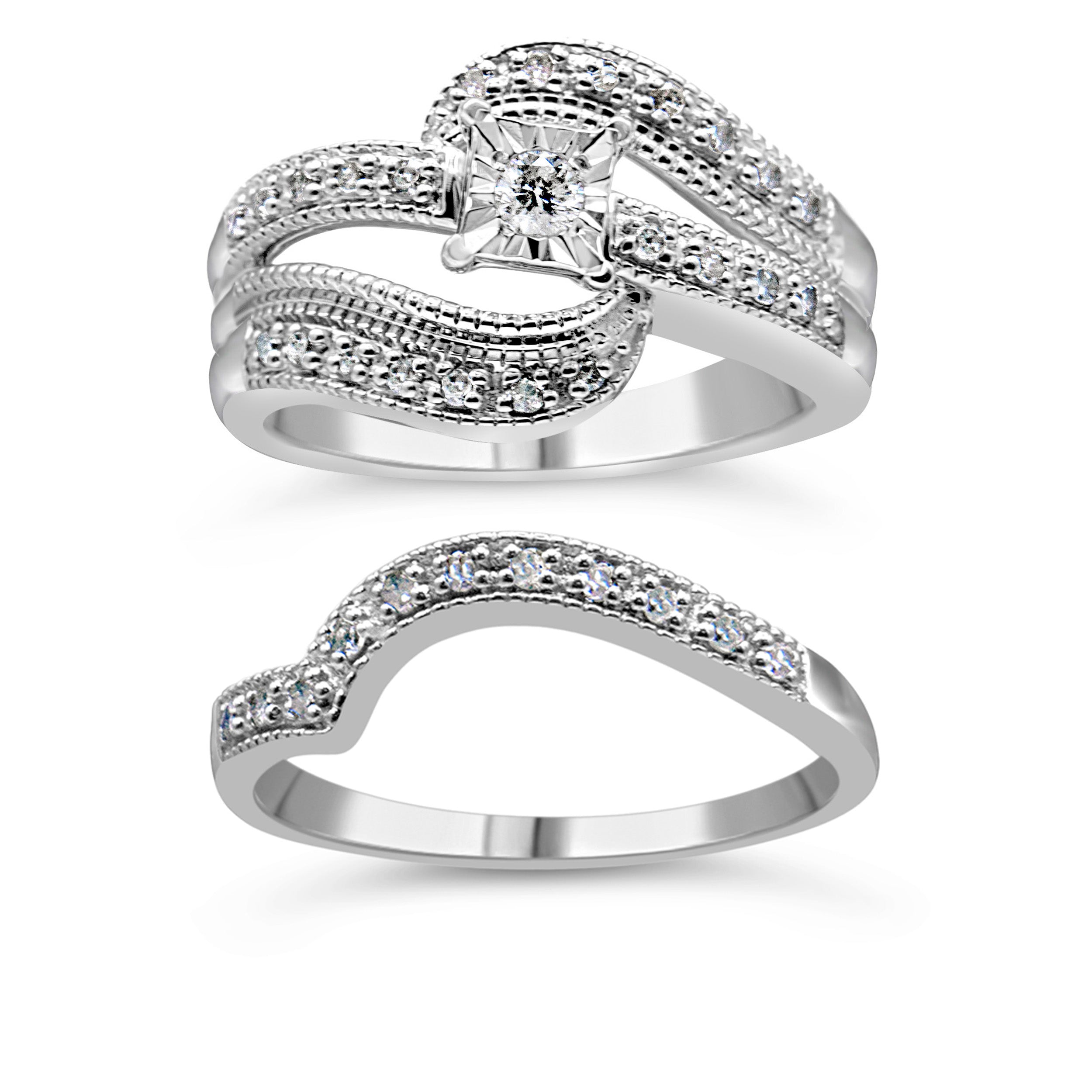.925 Sterling Silver 1/3 Cttw Round Diamond Crisscross Engagement Ring Bridal Set (H-I Color, I1-I2 Clarity ) - Size 7 by Bids.com