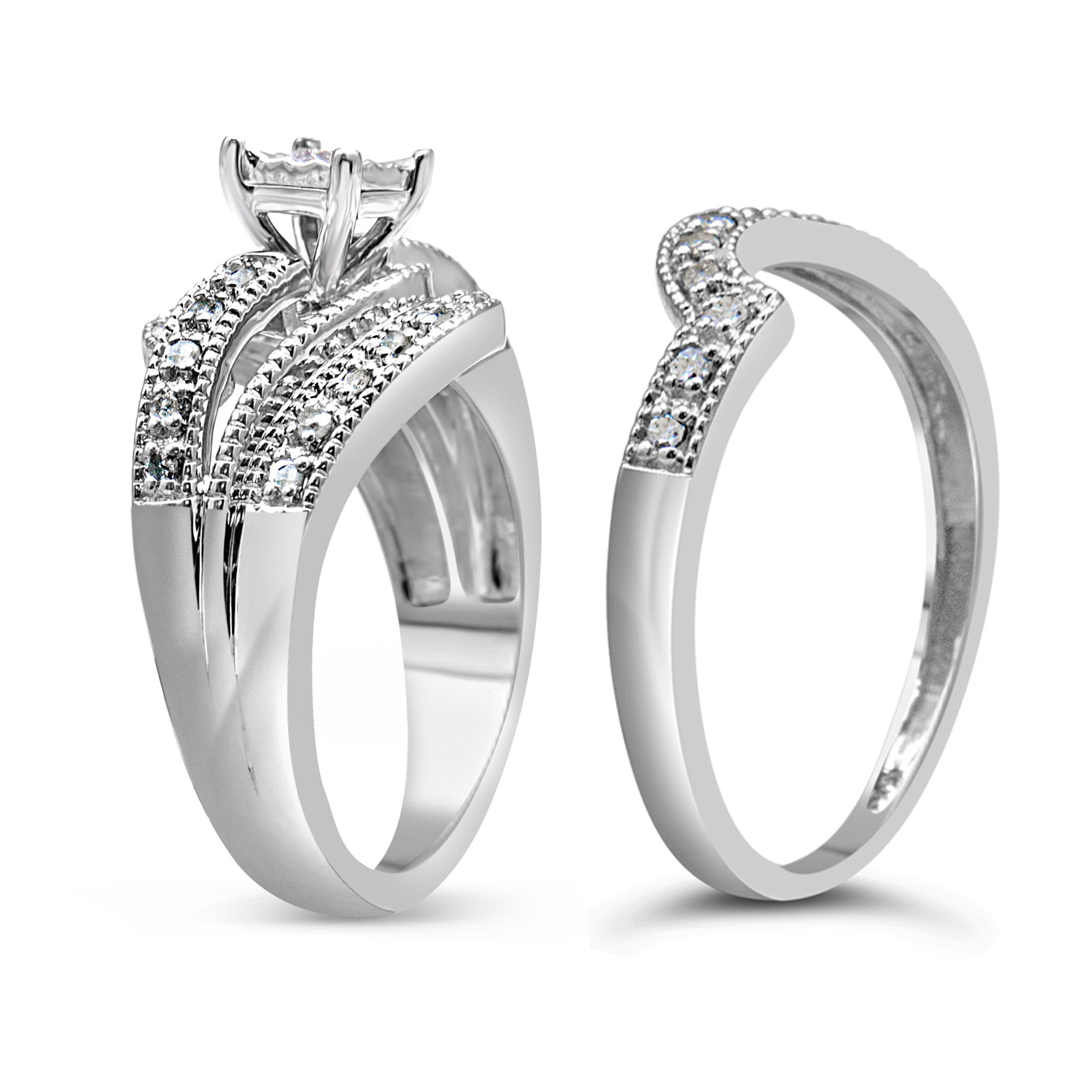 .925 Sterling Silver 1/3 Cttw Round Diamond Crisscross Engagement Ring Bridal Set (H-I Color, I1-I2 Clarity ) - Size 7 by Bids.com