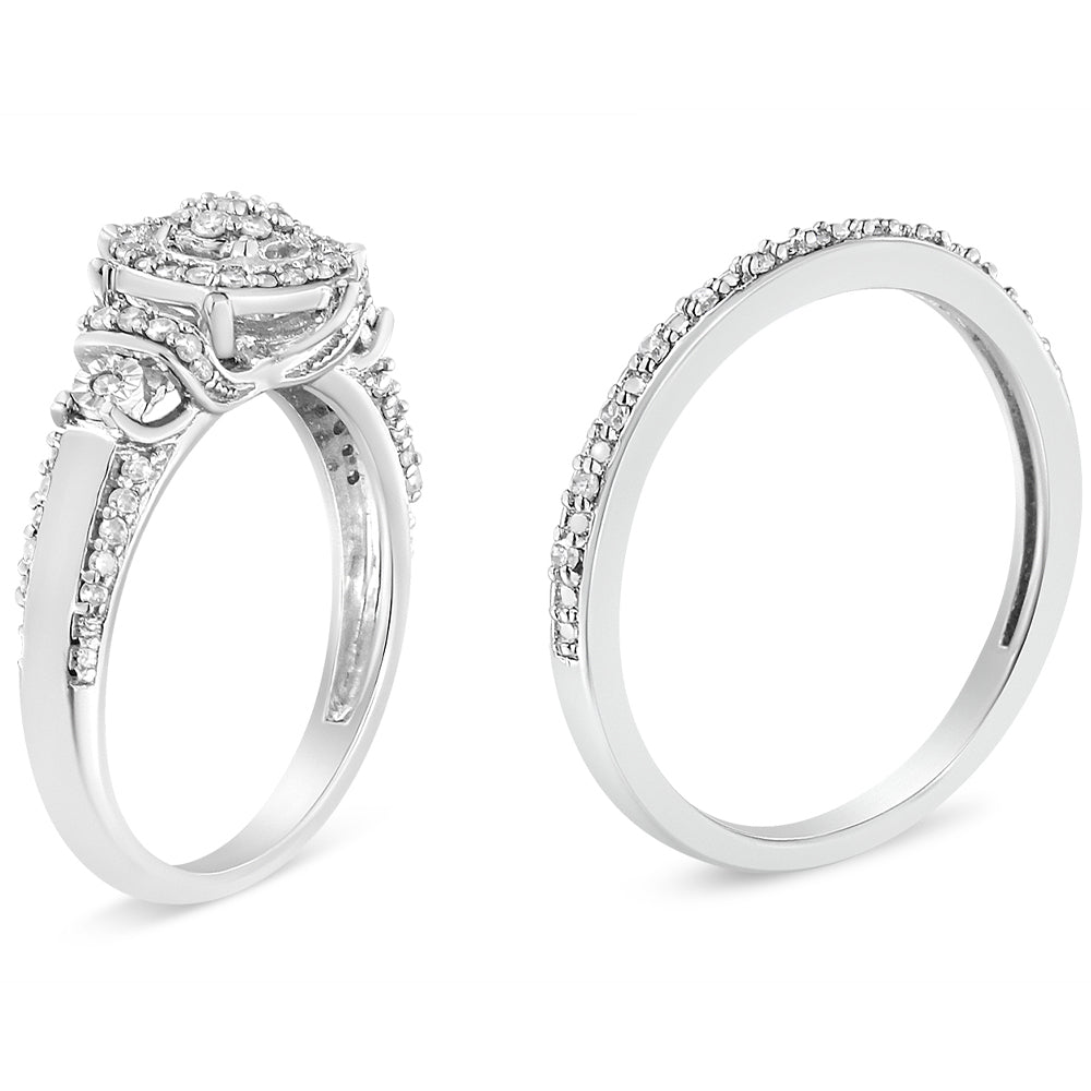 .925 Sterling Silver 1/3 Cttw Diamond 7 Stone Cluster and Halo Engagement Ring and Wedding Band Set (I-J Color, I1-I2 Clarity) - Size 7 by Bids.com
